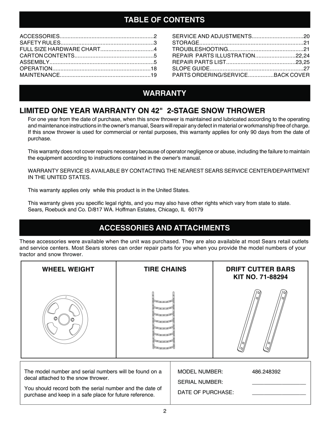 Sears 486.248392 owner manual Table Of Contents, Warranty, Accessories And Attachments, Wheel Weight, Tire Chains 
