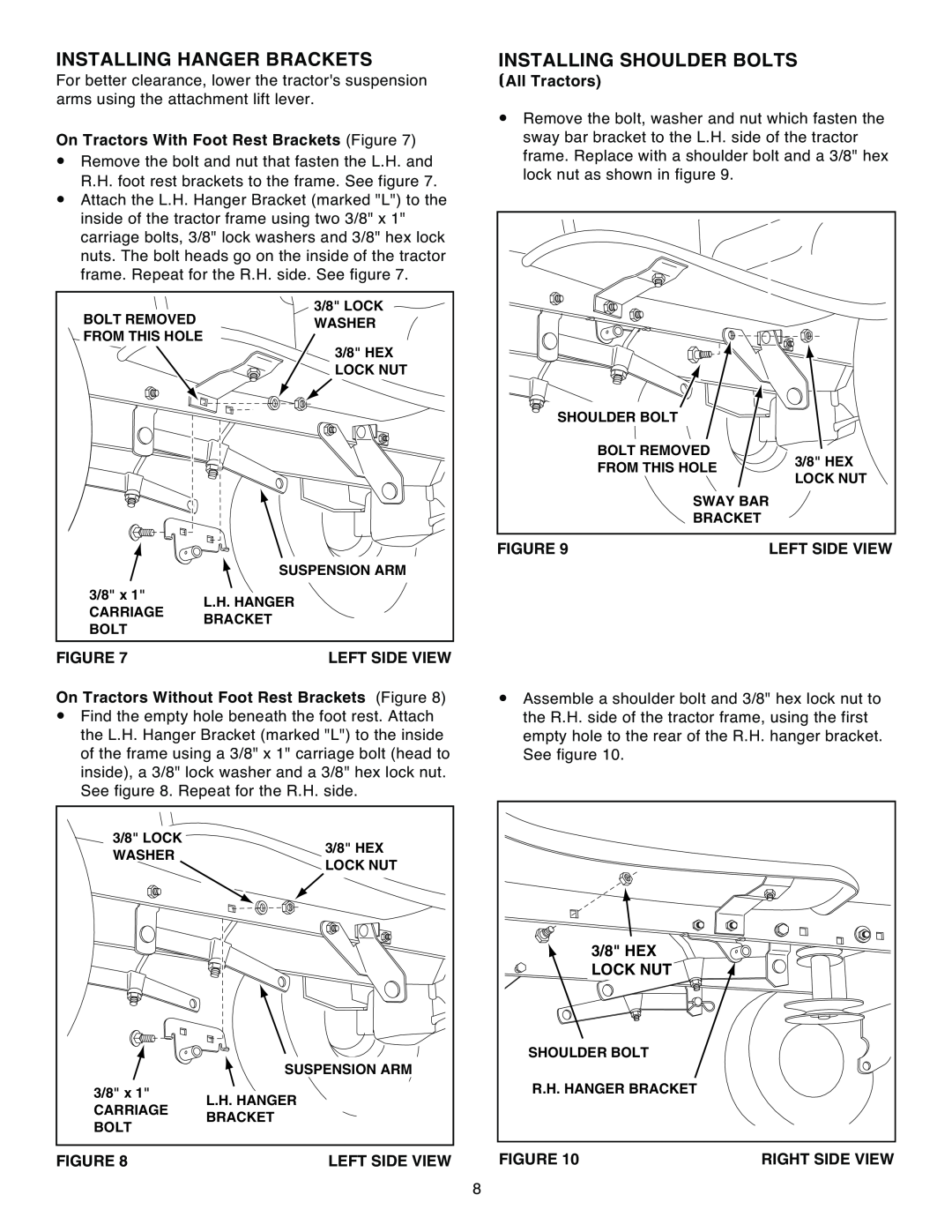 Sears 486.248392 owner manual Installing Hanger Brackets, Installing Shoulder Bolts 