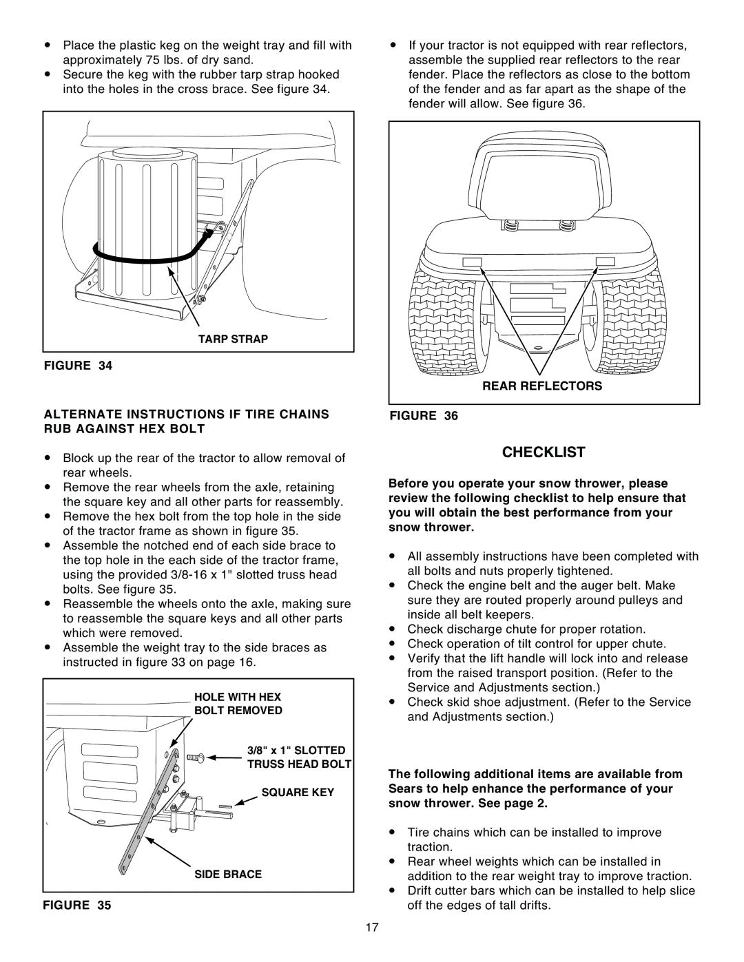 Sears 486.248392 owner manual Checklist, Alternate Instructions if Tire Chains RUB Against HEX Bolt, Rear Reflectors 