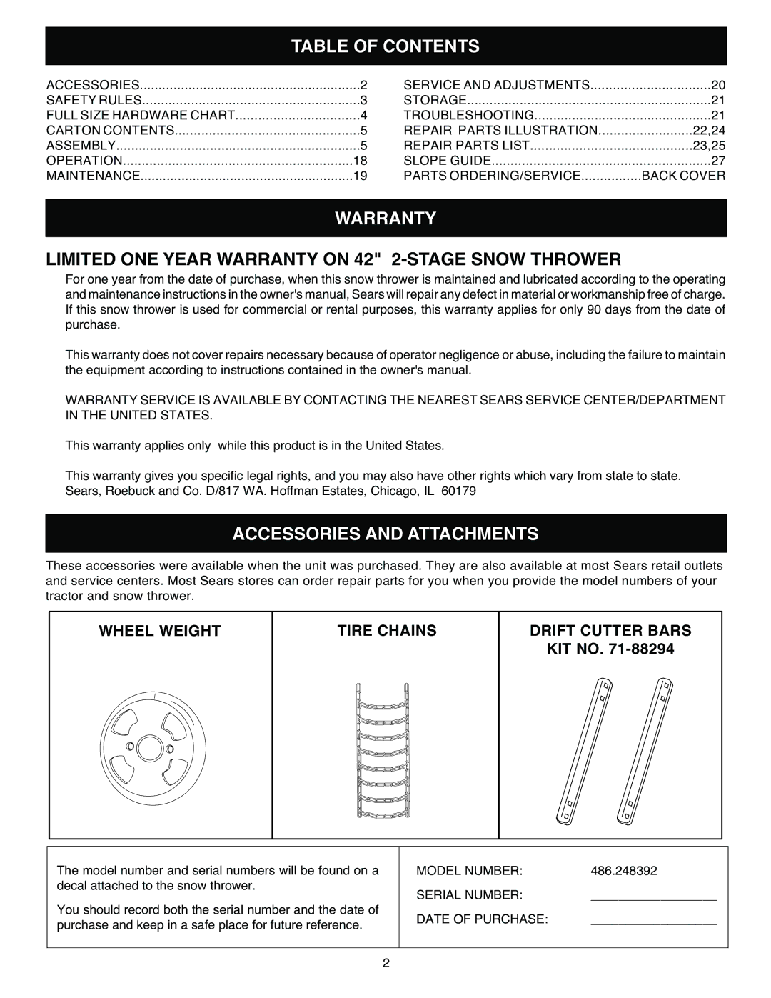 Sears 486.248392 owner manual Table of Contents, Warranty, Accessories and Attachments 