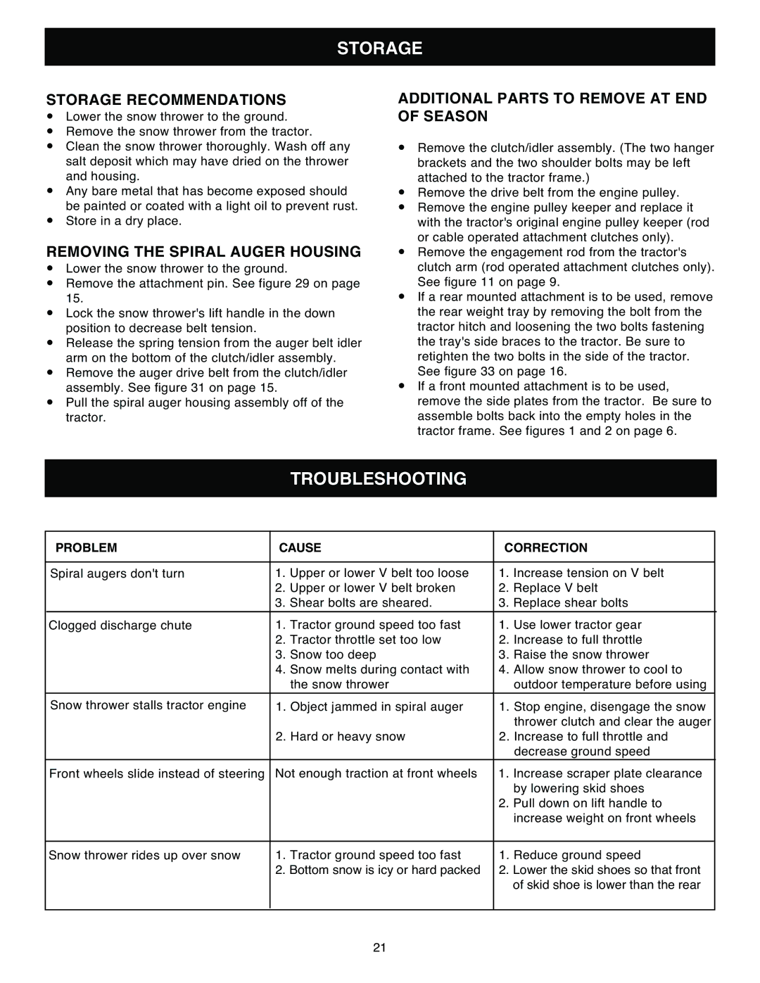 Sears 486.248392 owner manual Troubleshooting, Storage Recommendations, Removing the Spiral Auger Housing 