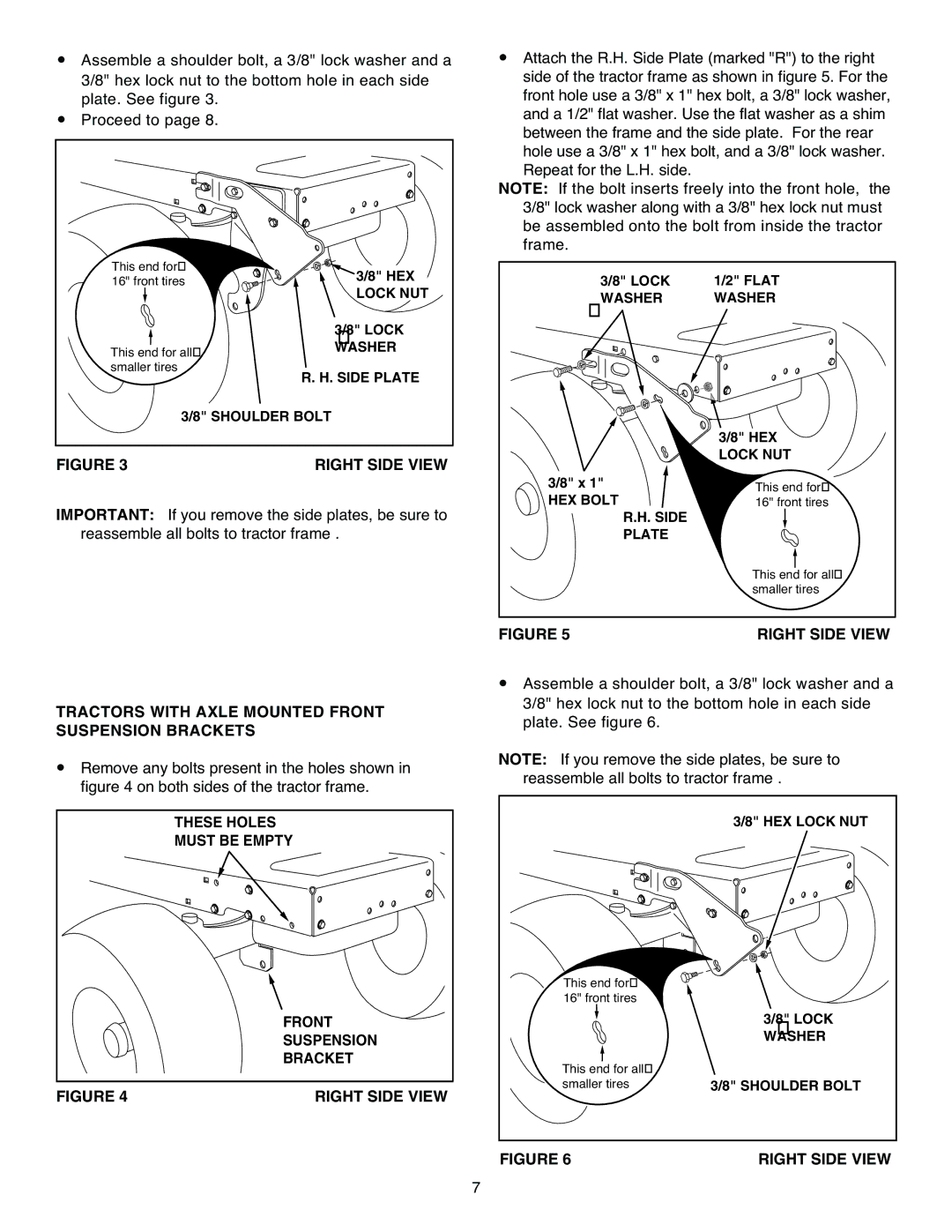 Sears 486.248392 owner manual Tractors with Axle Mounted Front Suspension Brackets, These Holes, Must be Empty 