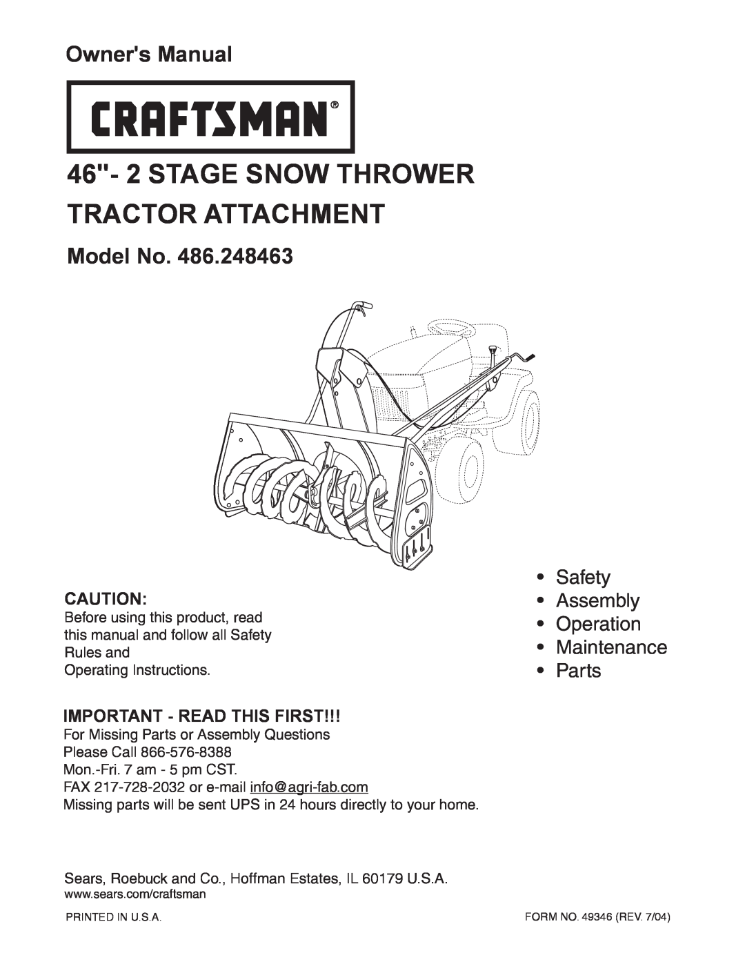 Sears 486.248463 owner manual Important - Read This First, 46- 2 STAGE SNOW THROWER TRACTOR ATTACHMENT, Model No 