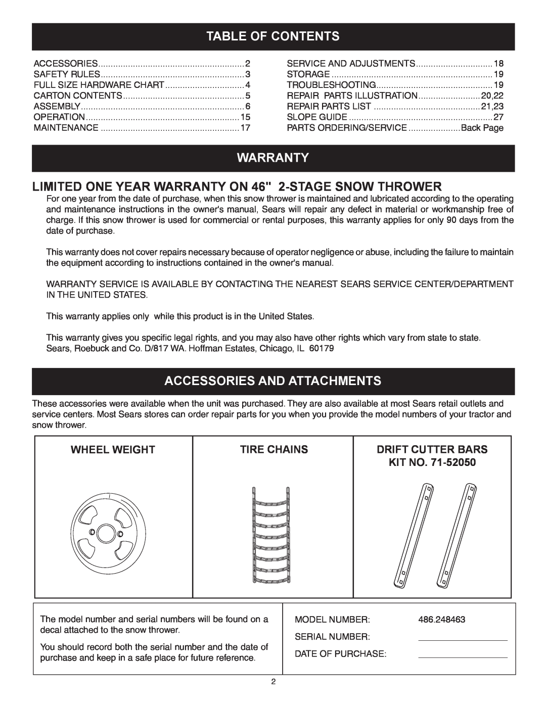 Sears 486.248463 Table Of Contents, Warranty, LIMITED ONE YEAR WARRANTY ON 46 2-STAGE SNOW THROWER, Wheel Weight, Kit No 