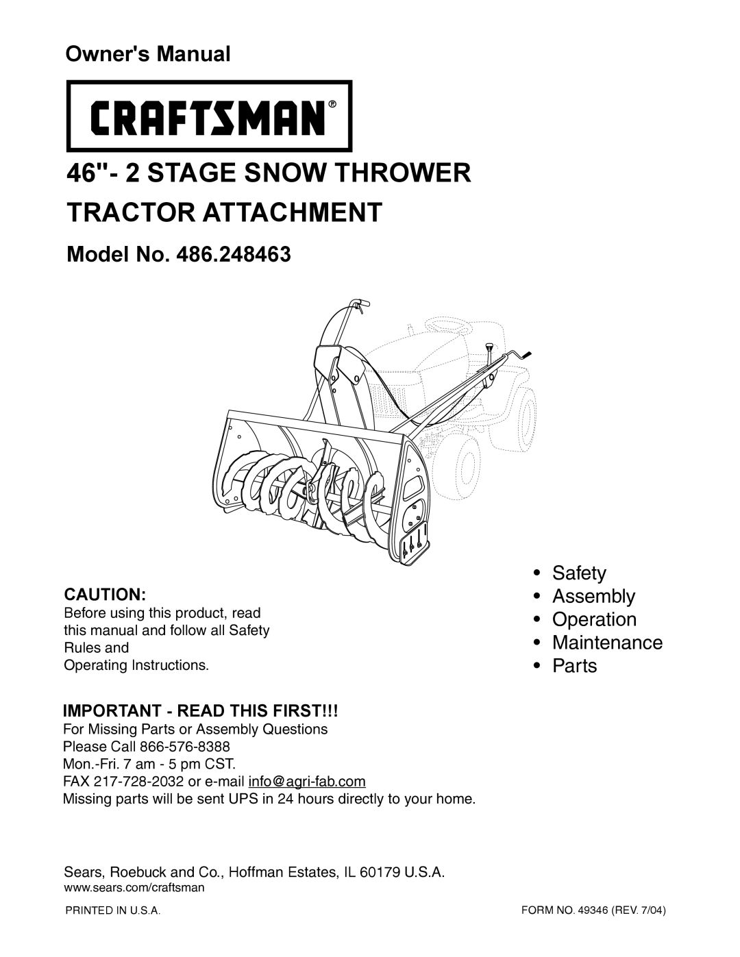 Sears 486.248463 owner manual 46- 2 Stage Snow Thrower Tractor Attachment 