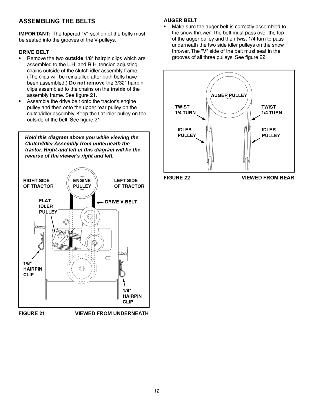 Sears 486.248463 owner manual Assembling the Belts, Drive Belt, Auger Belt, Viewed from Rear, Viewed from Underneath 