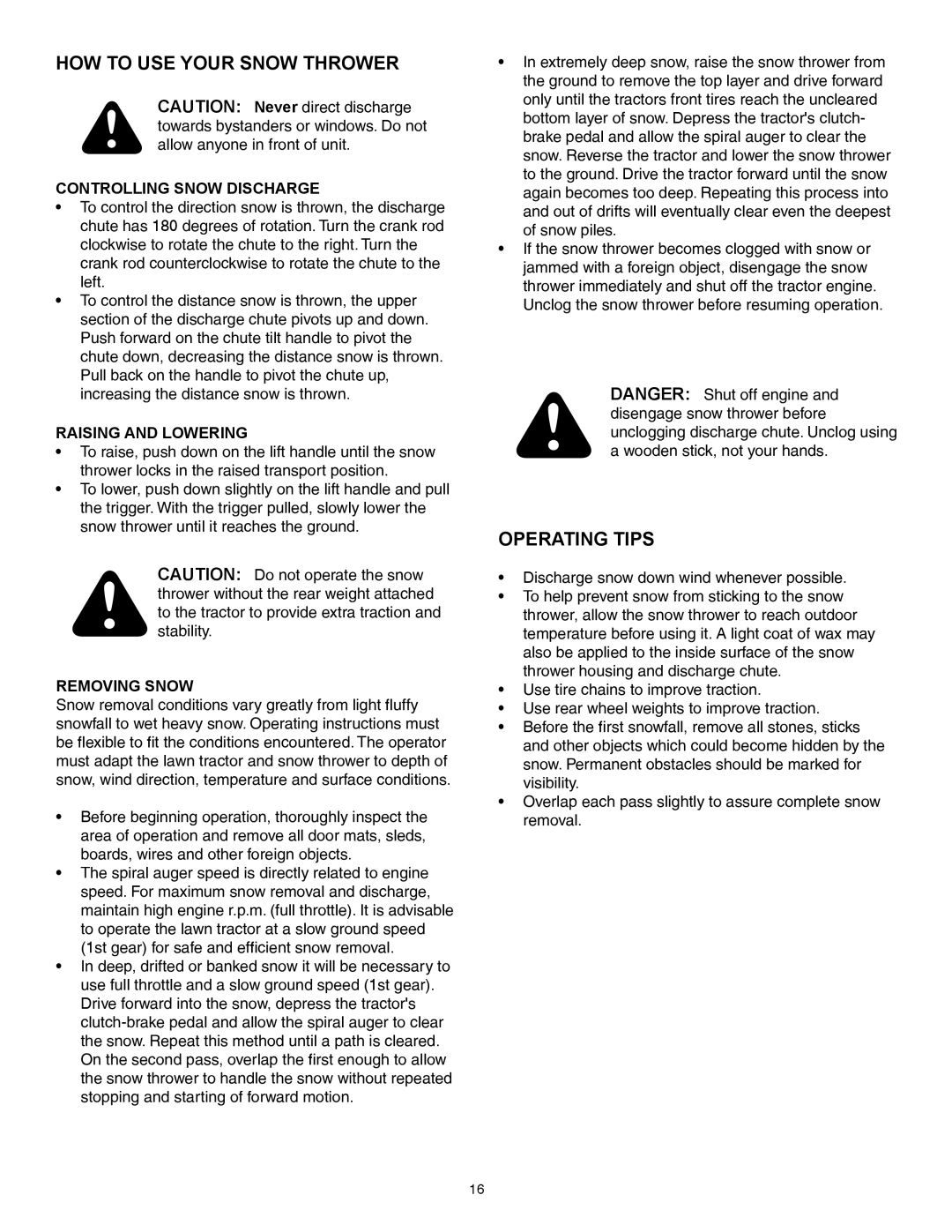 Sears 486.248463 HOW to USE Your Snow Thrower, Operating Tips, Controlling Snow Discharge, Raising and Lowering 