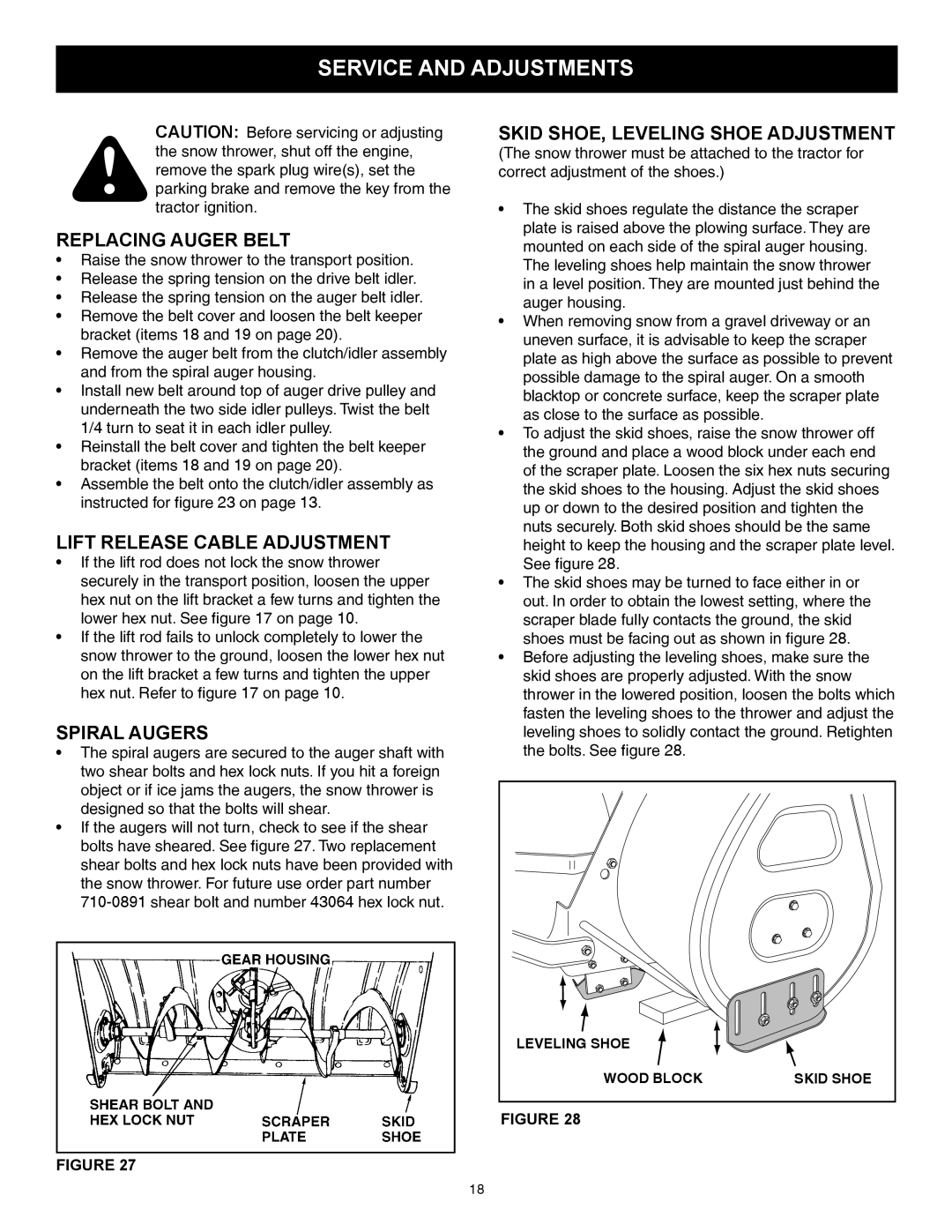 Sears 486.248463 owner manual Service and Adjustments, Replacing Auger Belt, Lift Release Cable Adjustment, Spiral Augers 