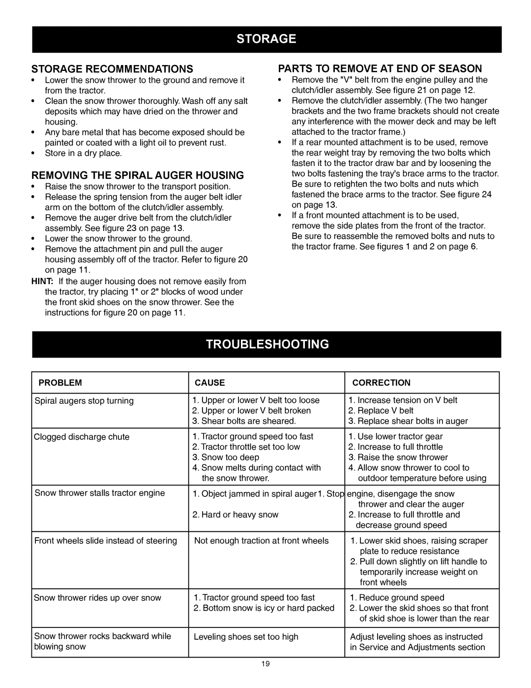 Sears 486.248463 owner manual Troubleshooting, Storage Recommendations, Removing the Spiral Auger Housing 