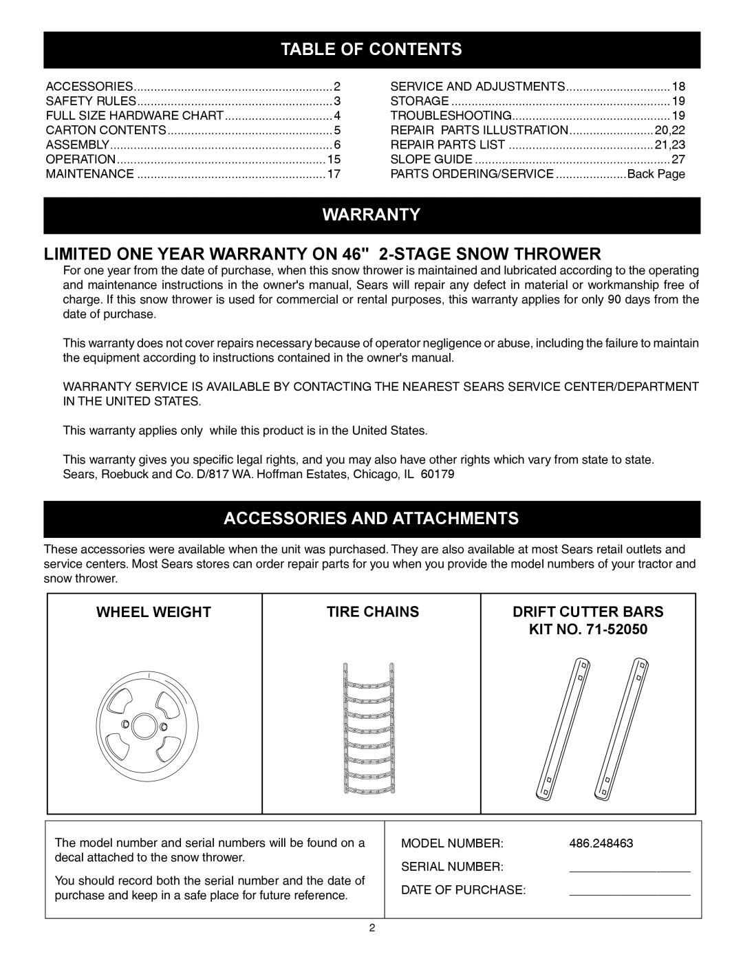 Sears 486.248463 owner manual Table of Contents, Warranty, Accessories and Attachments 