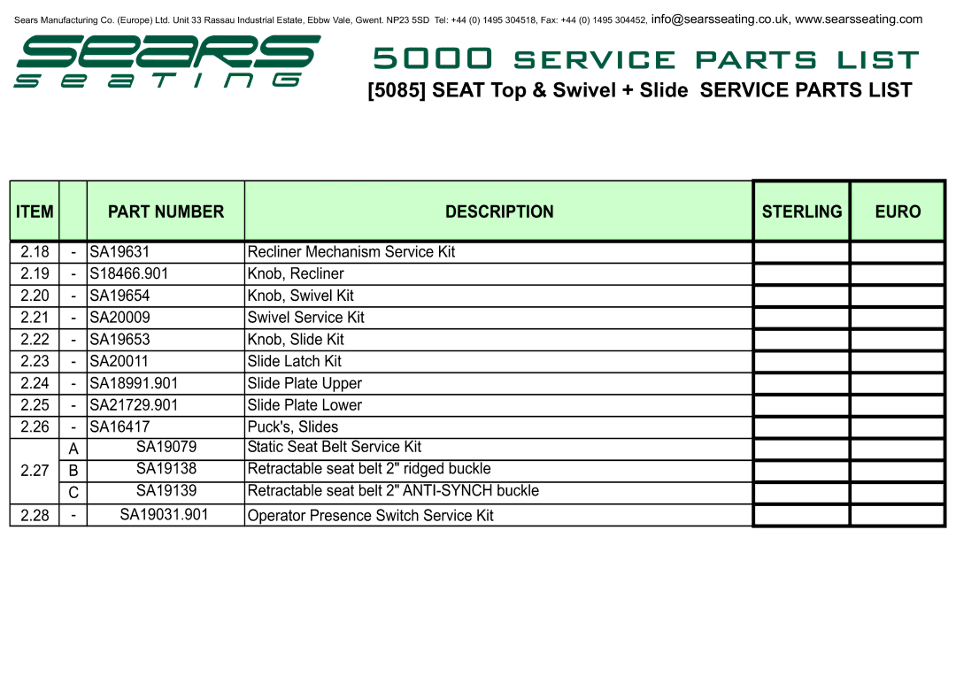 Sears 5000 manual Static Seat Belt Service Kit 