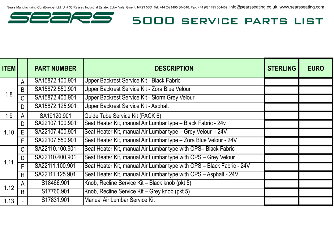 Sears 5000 manual Part Number Description Sterling Euro 