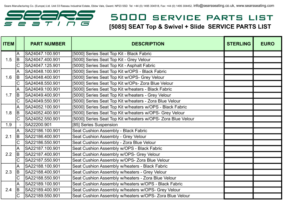 Sears 5000 manual Seat Top & Swivel + Slide Service Parts List 