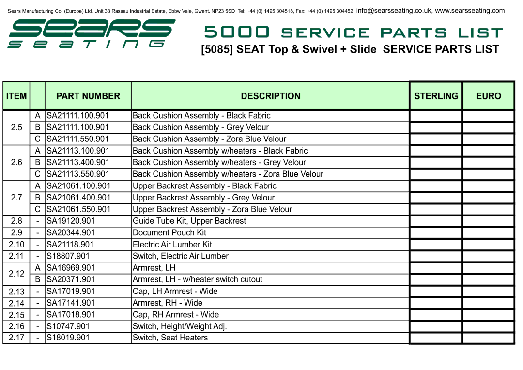 Sears 5000 manual Part Number Description Sterling Euro 