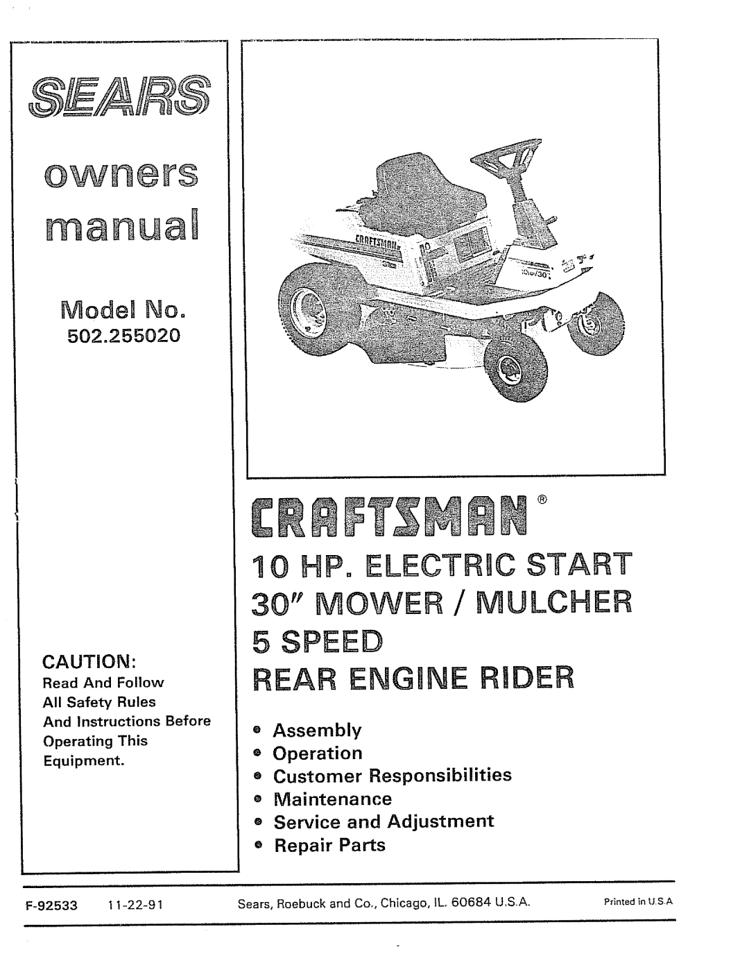 Sears 502.25502 manual HP Electric Start 30 Mower / Mulche Rear Engu E Ider 