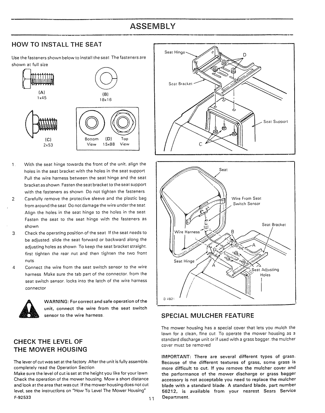 Sears 502.25502 manual HOW to Install the Seat, Check the Level Special Mulcher Feature, Mower Housing 