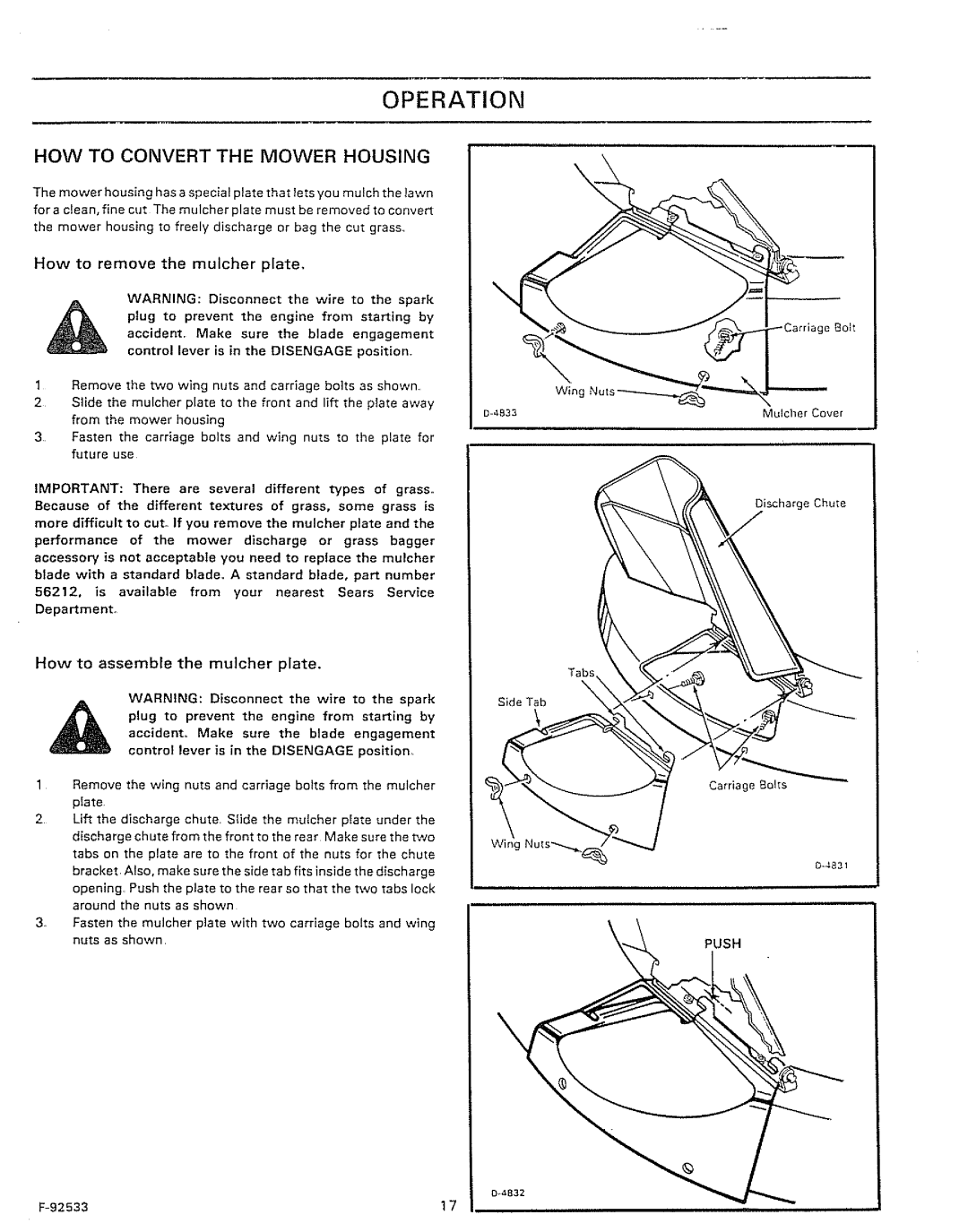 Sears 502.25502 manual HOW to Convert the Mower Housing, Disengage 