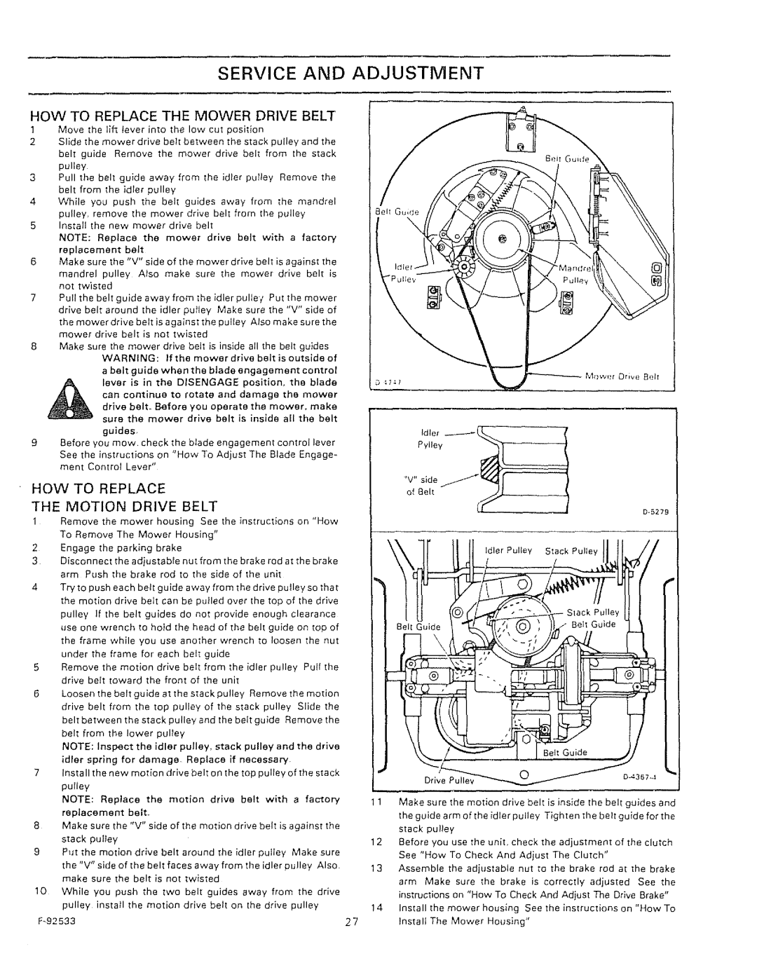 Sears 502.25502 manual HOW to Replace the Mower Drive Belt, HOW to Replace Motion Drive Belt 