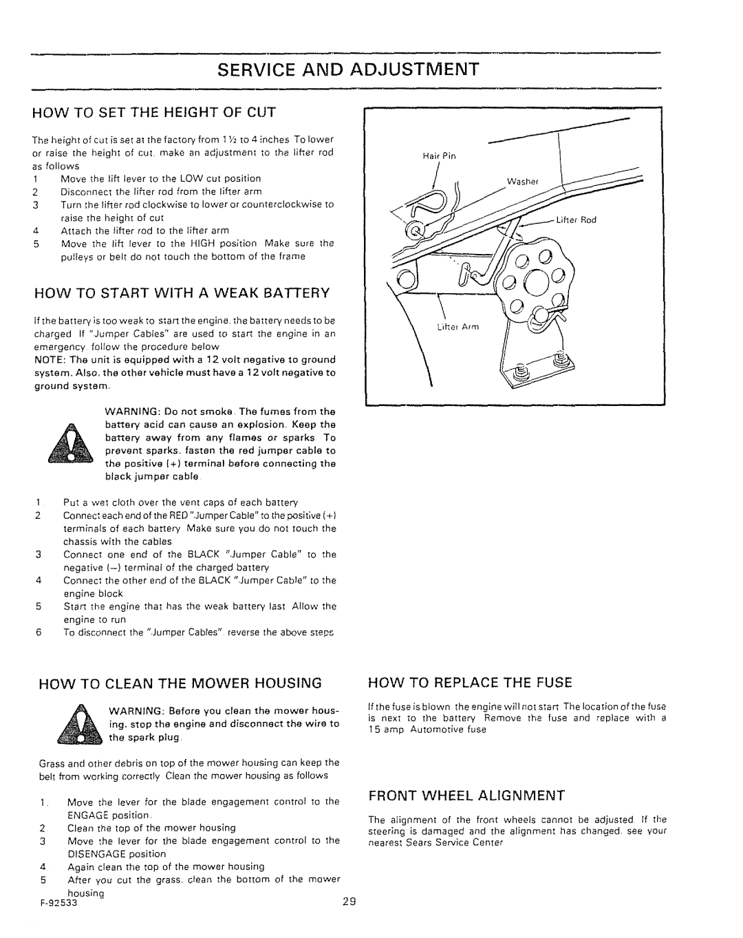 Sears 502.25502 Service Adjustment, HOW to SET the Height CUT, HOW to Start with a Weak Battery, Front Wheel Alignment 