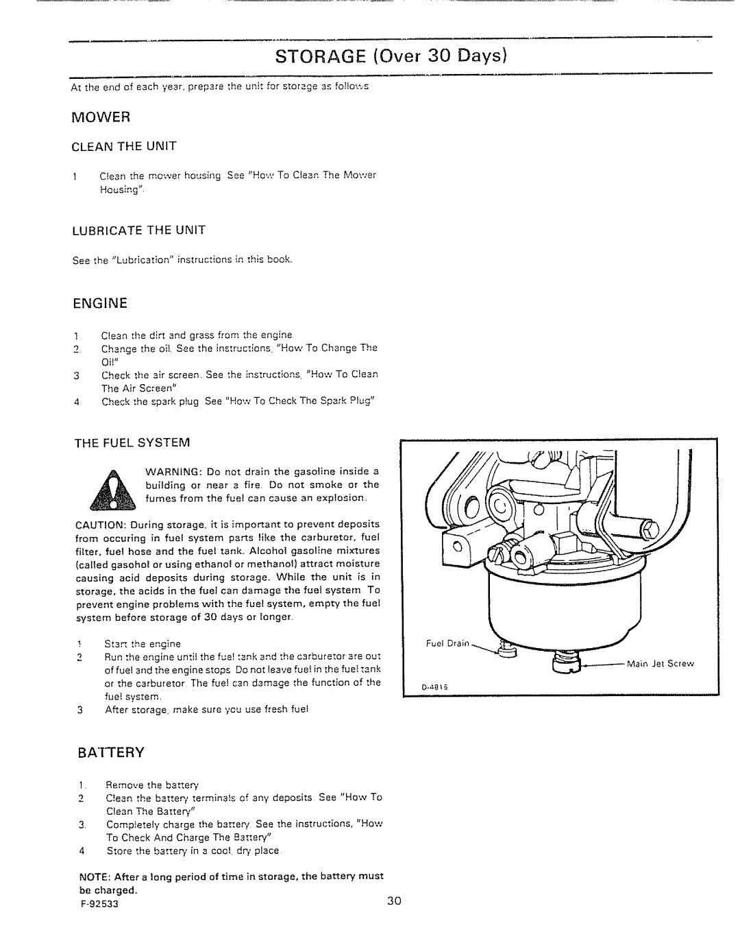 Sears 502.25502 manual Mower, Engine, Baery, Clean the Unit, Thefuelsystem 