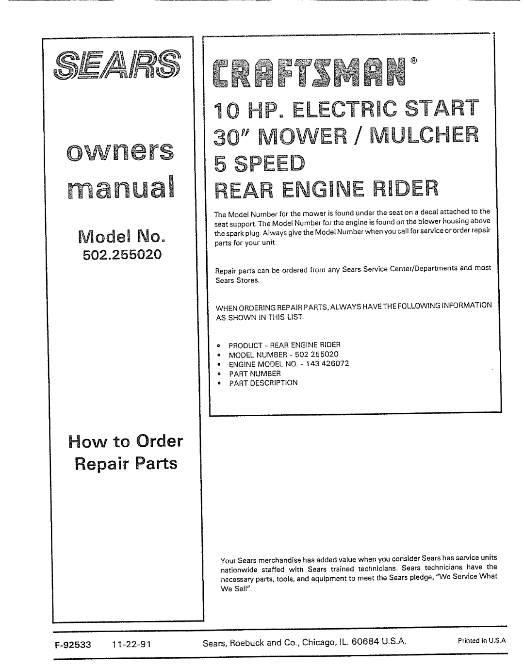 Sears 502.25502 manual HPo Electric Start, AS Shown in this List 