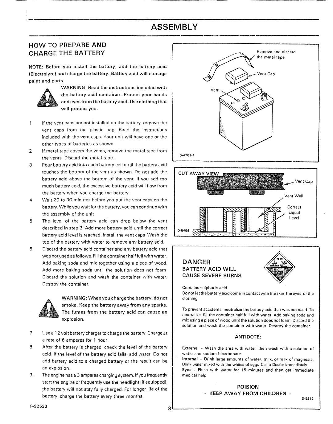 Sears 502.25502 manual Ass Em B Ly, HOW to Prepare Charge the Battery, Antidote, Keep Away from Children 