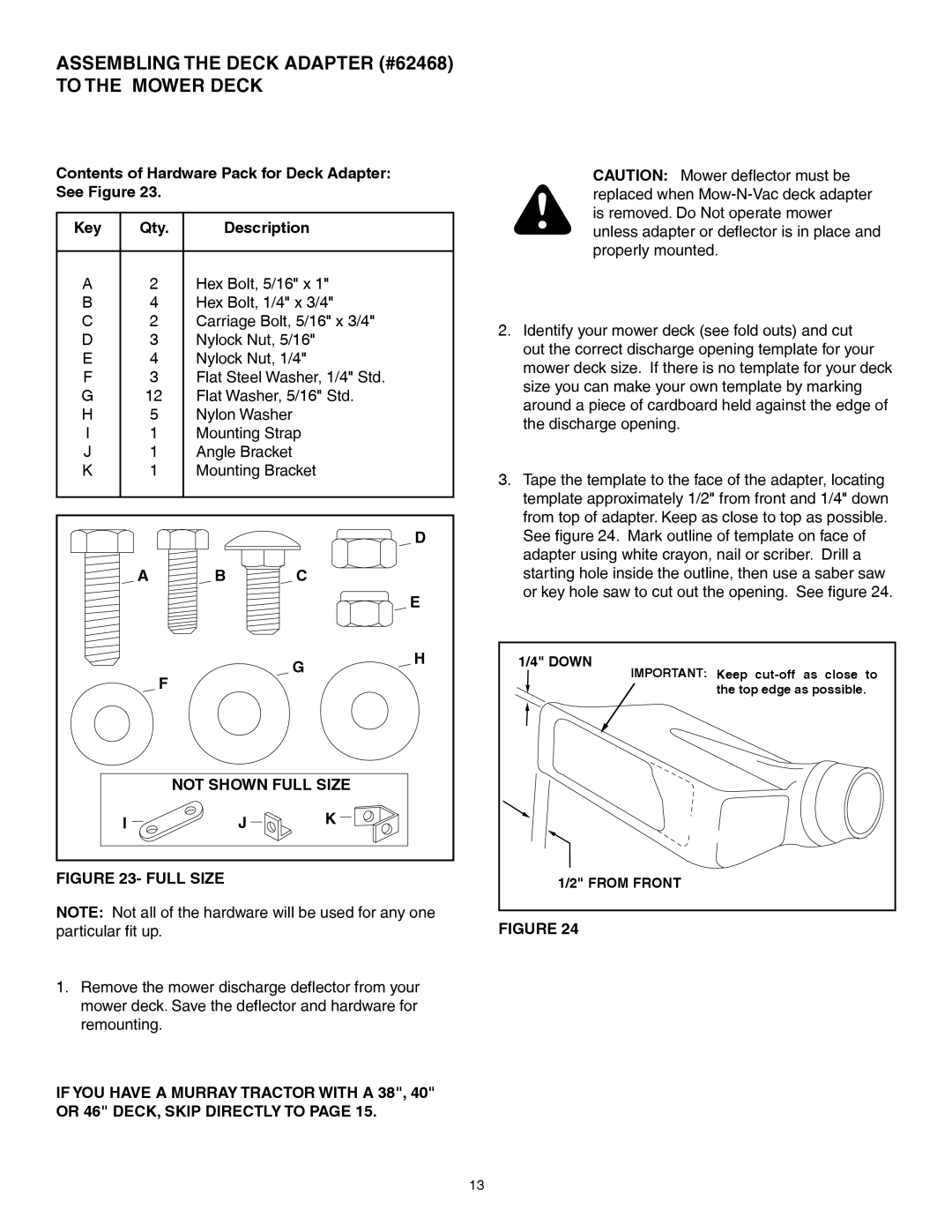 Sears 552493, 502493 manual Assembling the Deck Adapter #62468 To the Mower Deck, Not Shown Full Size 