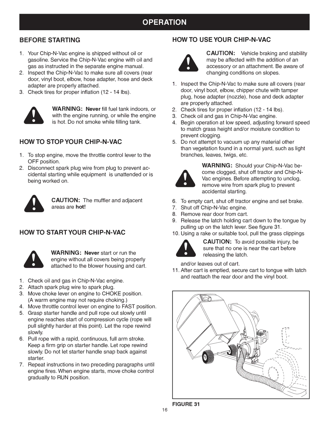 Sears 502493, 552493 manual Operation, Before Starting, HOW to Stop Your CHIP-N-VAC, HOW to Start Your CHIP-N-VAC 