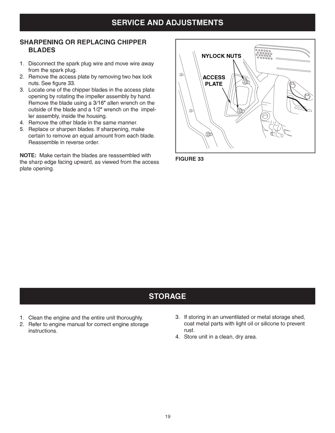 Sears 552493, 502493 manual Service and Adjustments, Storage, Sharpening or Replacing Chipper Blades 