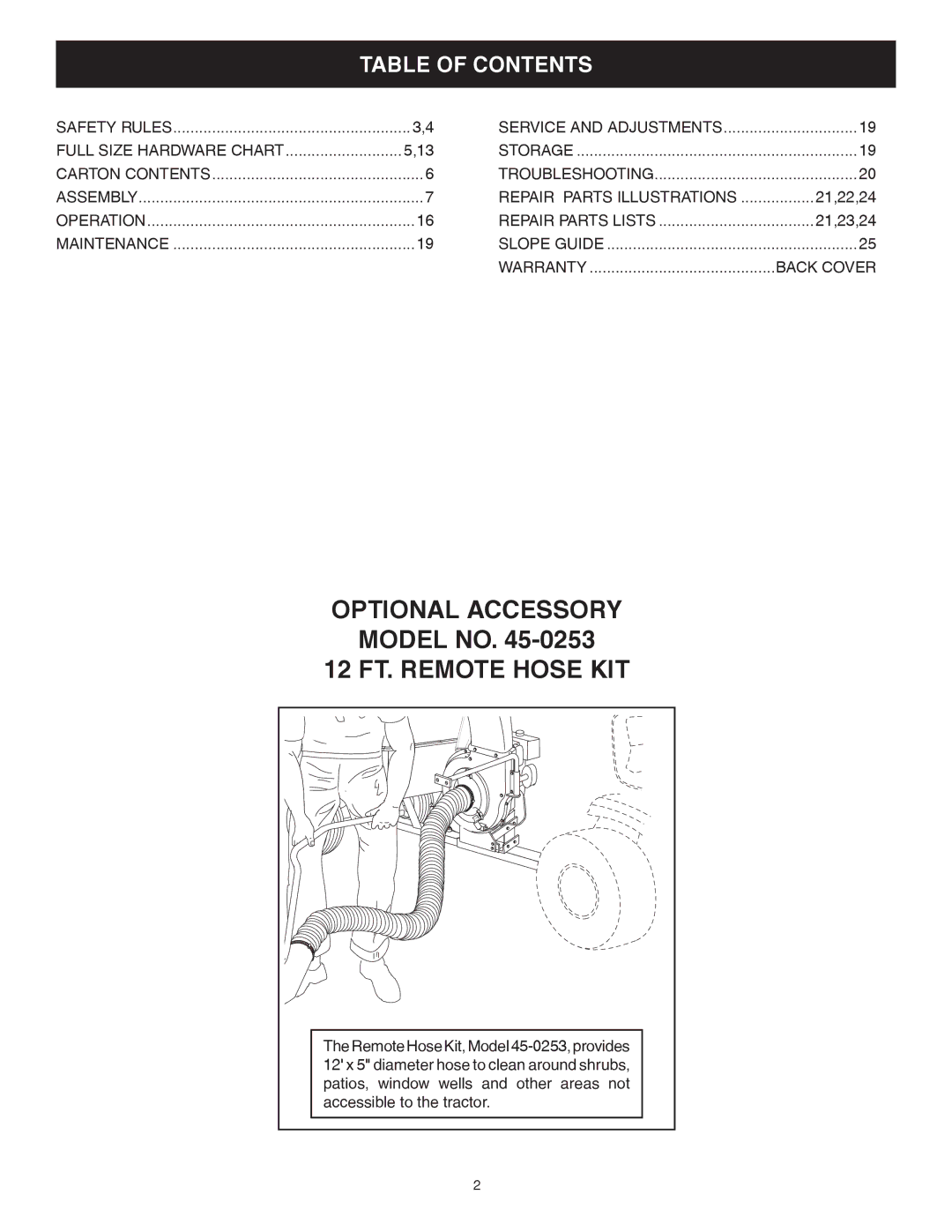 Sears 502493, 552493 manual 12 FT. Remote Hose KIT, Table of Contents 