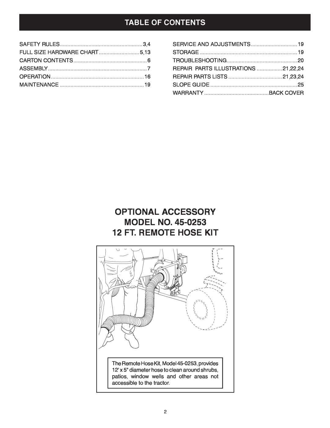 Sears 502493, 552493 manual OPTIONAL ACCESSORY MODEL NO 12 FT. REMOTE HOSE KIT, Table Of Contents 