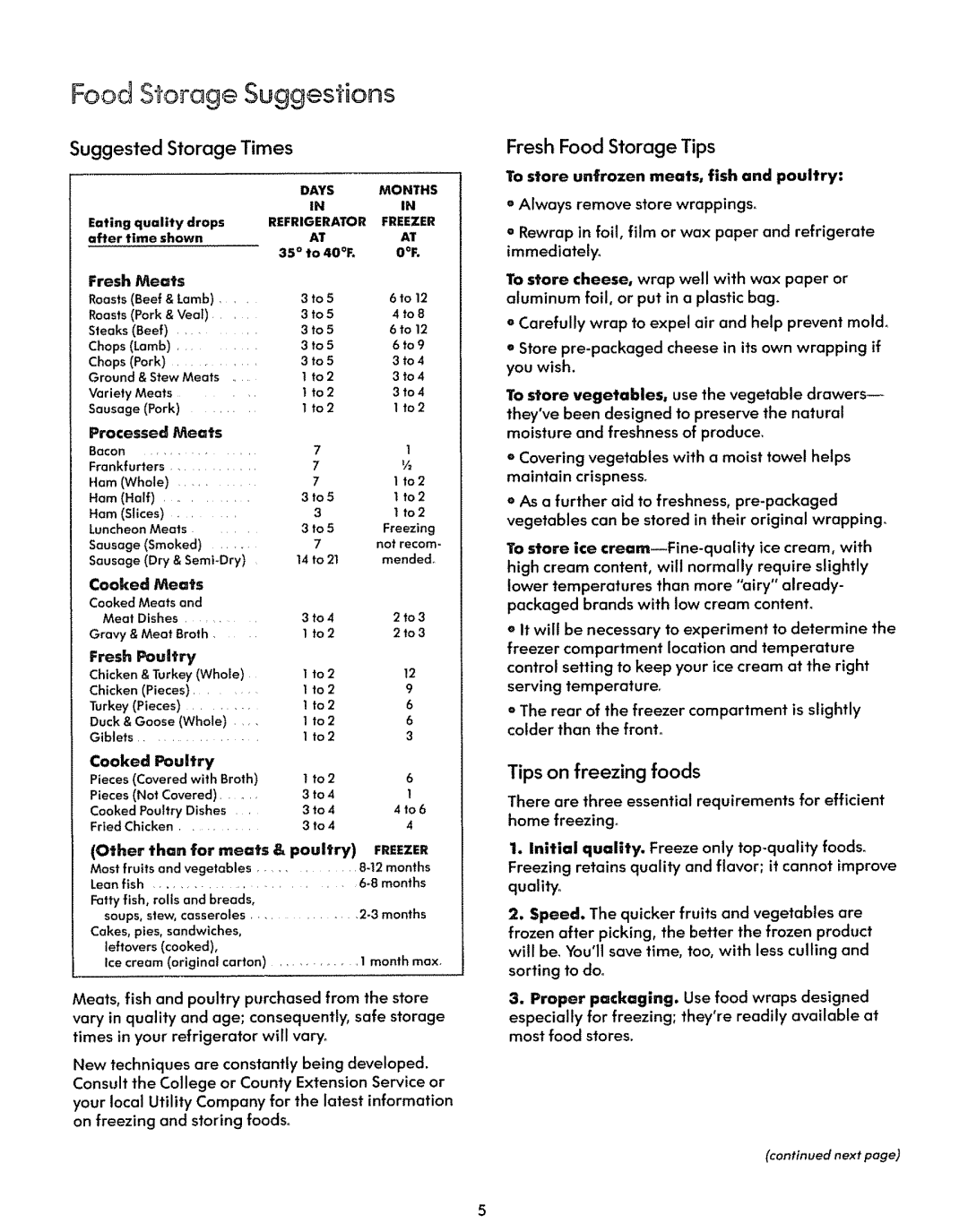 Sears 50471, 50478 warranty Food Storage Suggestions, Tips on freezing foods, Suggested Storage Times 