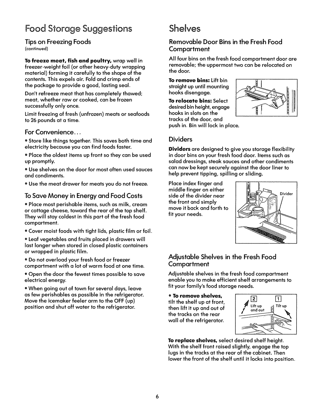 Sears 50478, 50471 warranty Sheaves, Food Storage Suggestions, Adjustable Shelves in the Fresh Food Compartment 