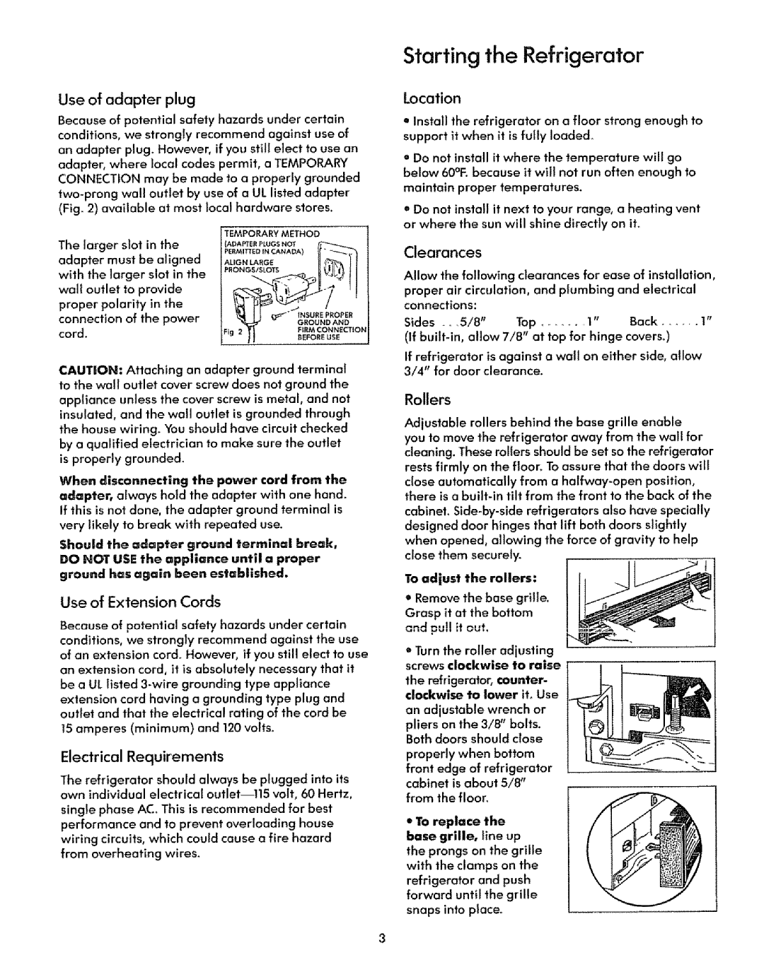 Sears 51271, 51278 manual Starting the Refrigerator, Rollers 