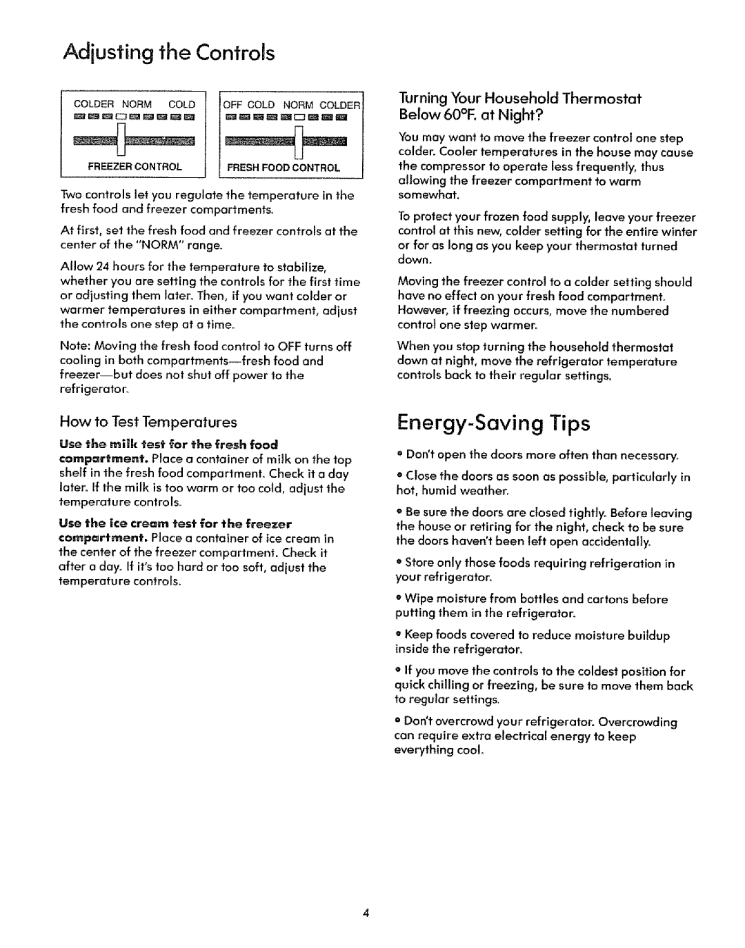 Sears 51278, 51271 Energy-Saving Tips, How to Test Temperatures, Turning Your Household Thermostat Below 601=. at Night? 