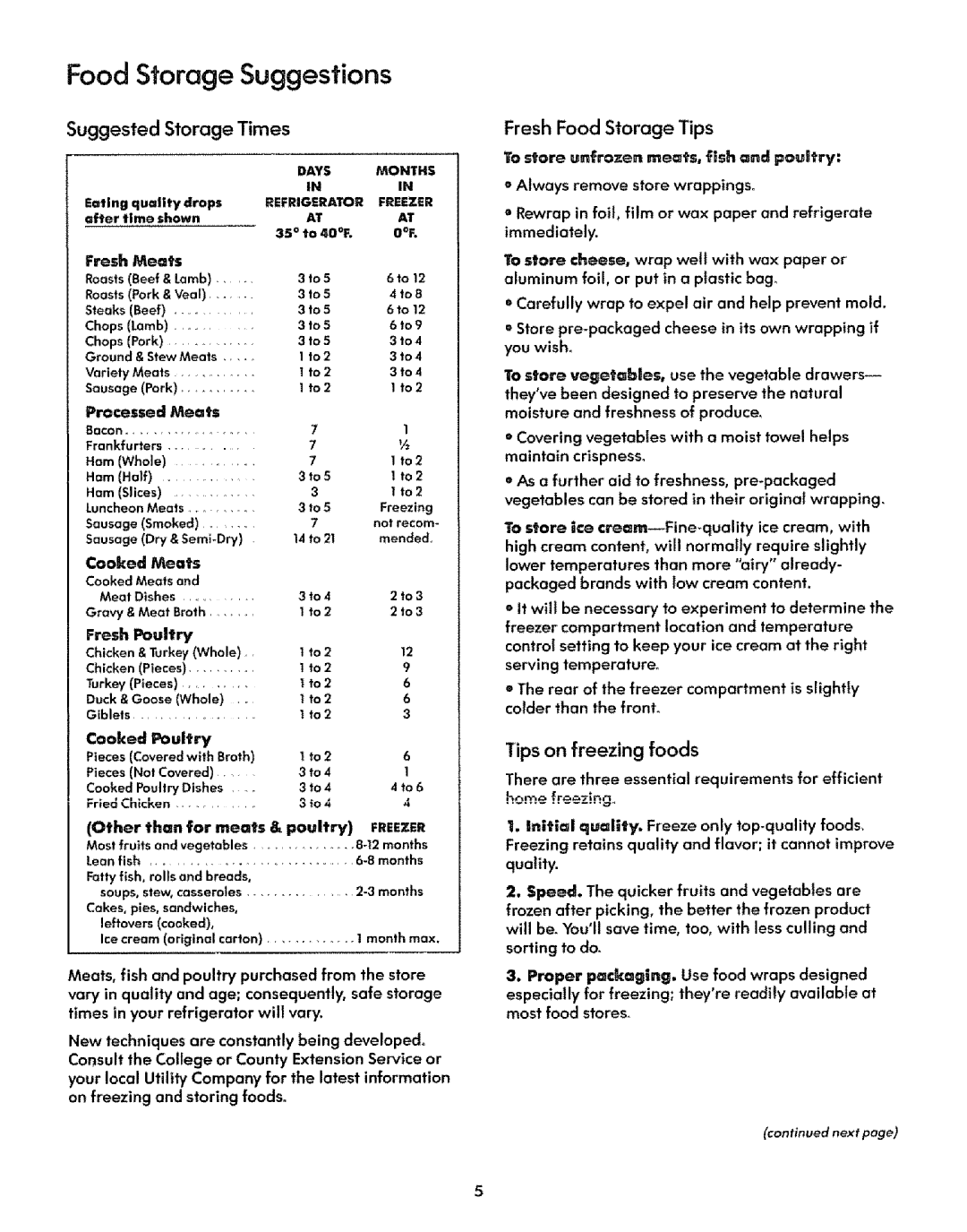 Sears 51271, 51278 manual Food Storage Suggestions, Suggested Storage Times 