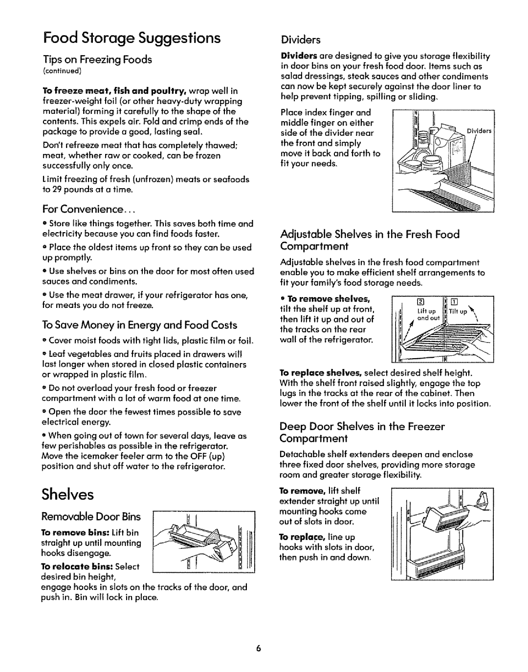 Sears 51278, 51271 manual Removable Door Bins, Deep Door Shelves in the Freezer 