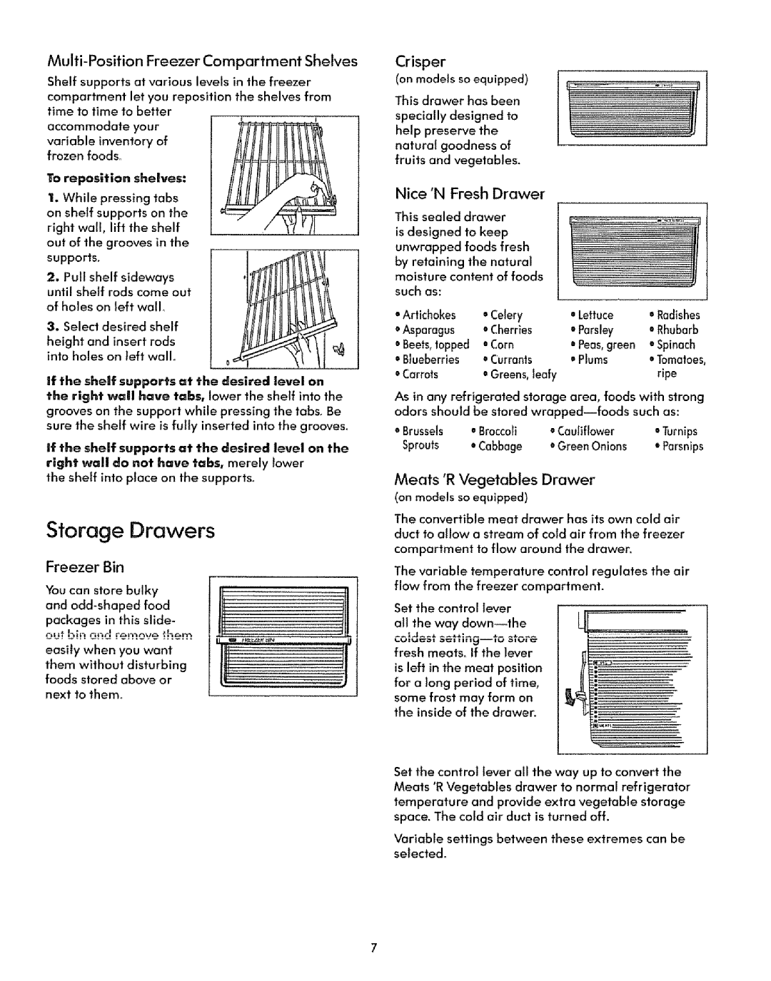 Sears 51271, 51278 manual Storage Drawers, Meats RVegetables Drawer, Nice NFresh Drawer 