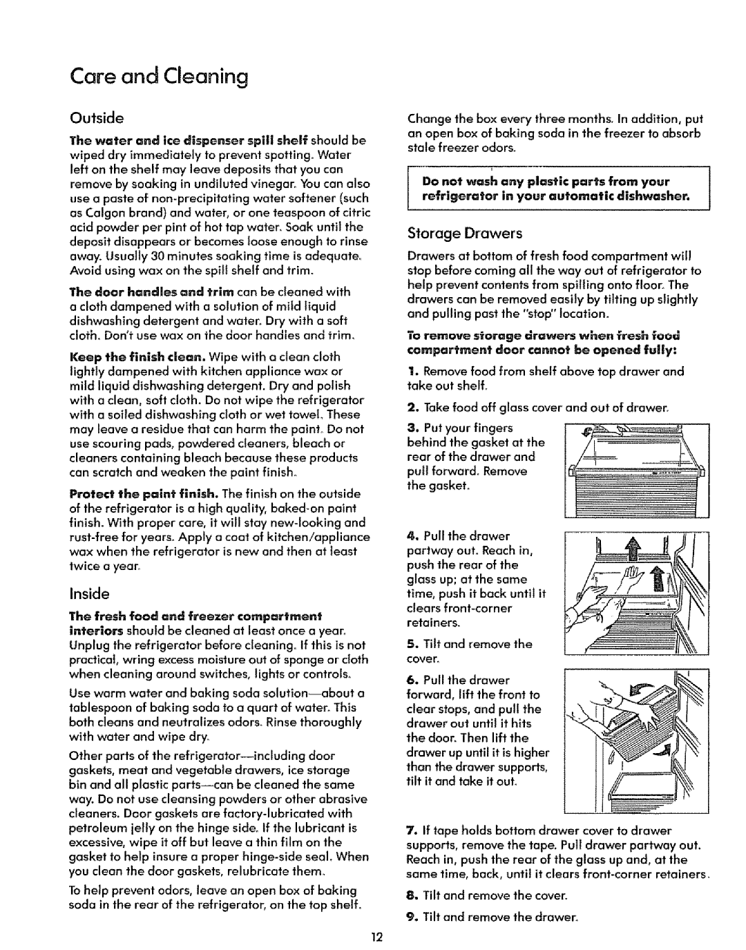 Sears 51278, 51271 manual Care and Cleaning, Inside, S orage Drawers, Oulside, refrigerator 