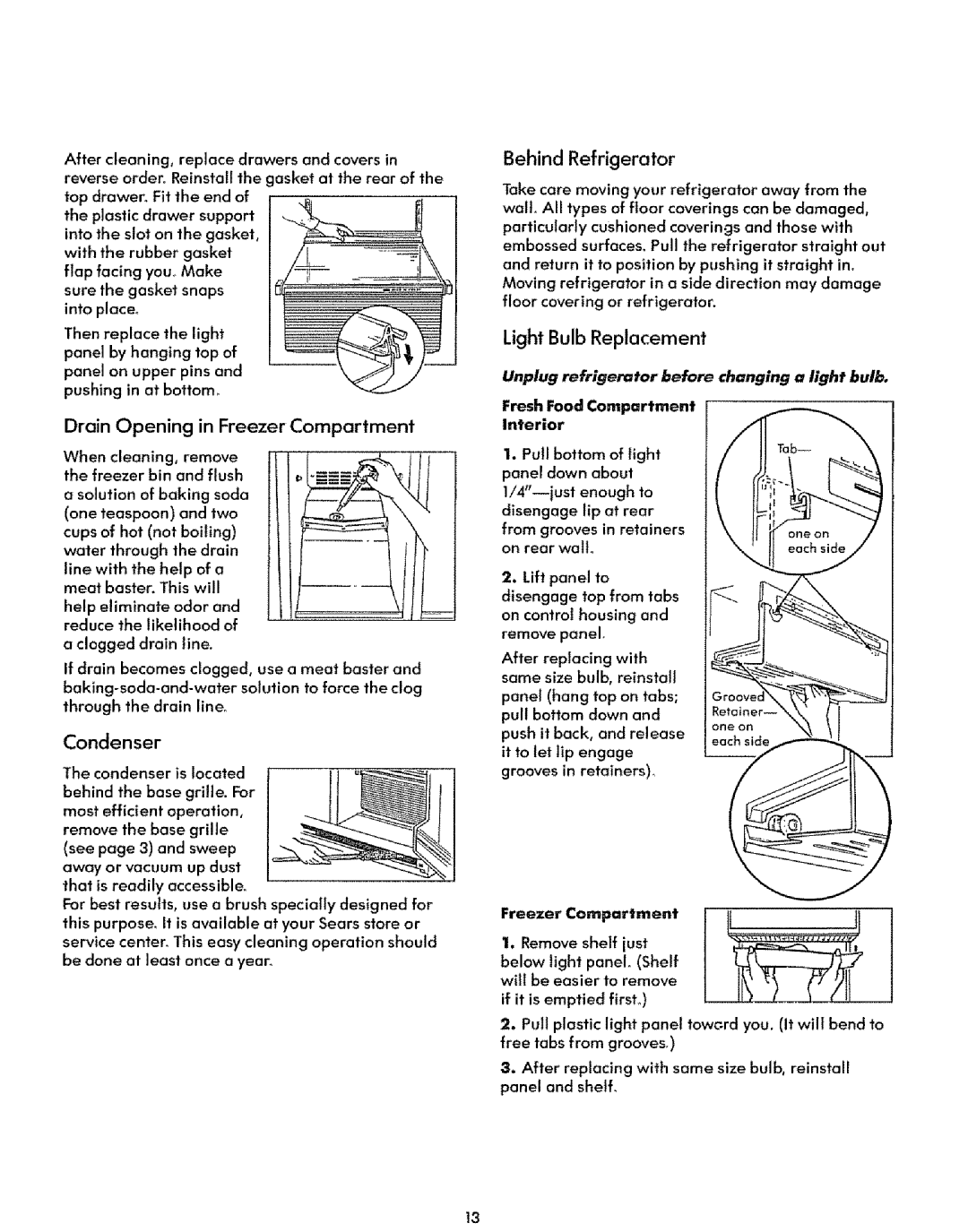 Sears 51271, 51278 manual Condenser, Drain Opening in Freezer Compartment, Light Bulb Replacement, Behind Refrigerator 
