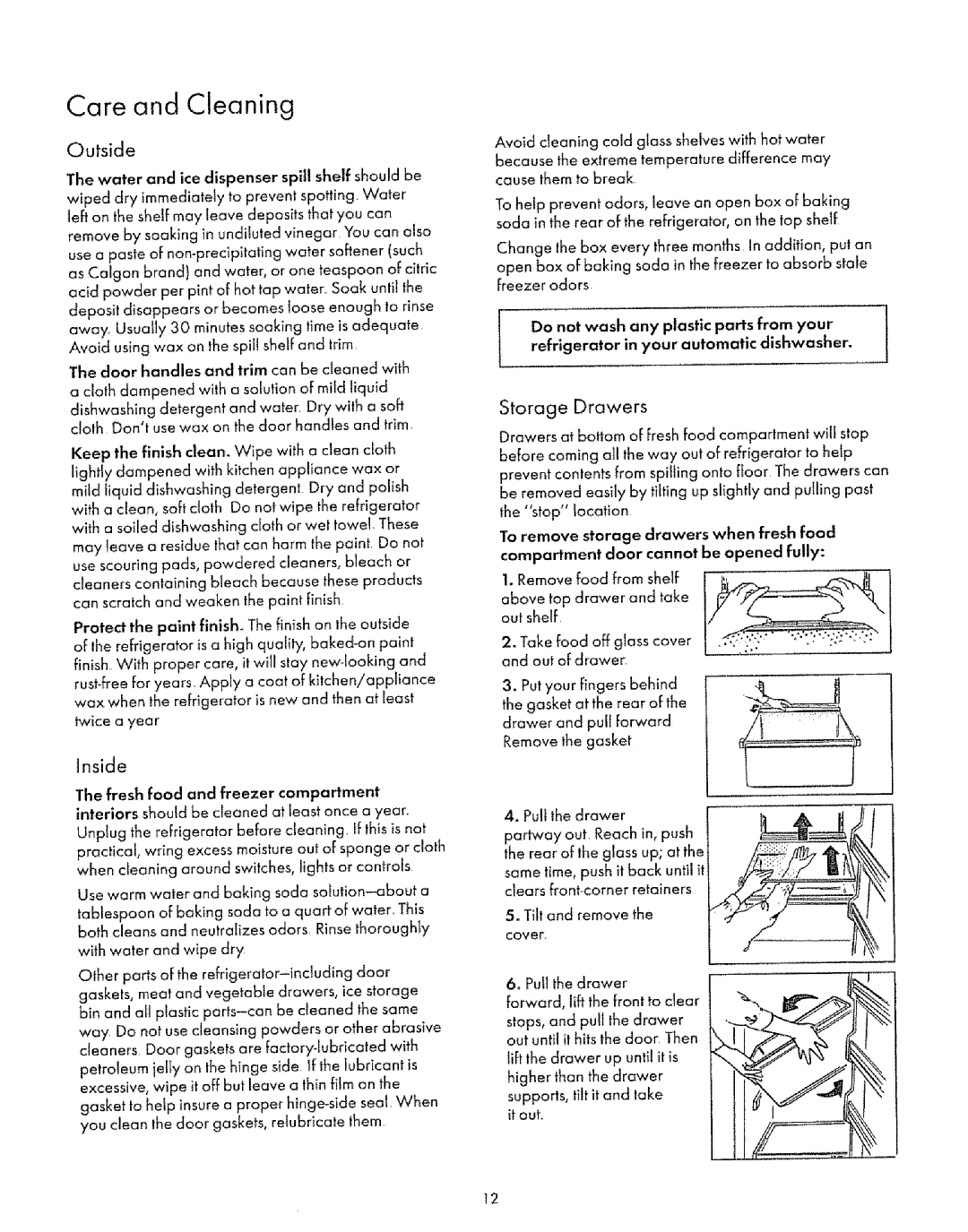 Sears 53078, 53071 manual Care and Cleaning, Outside, Inside, Storage Drawers 