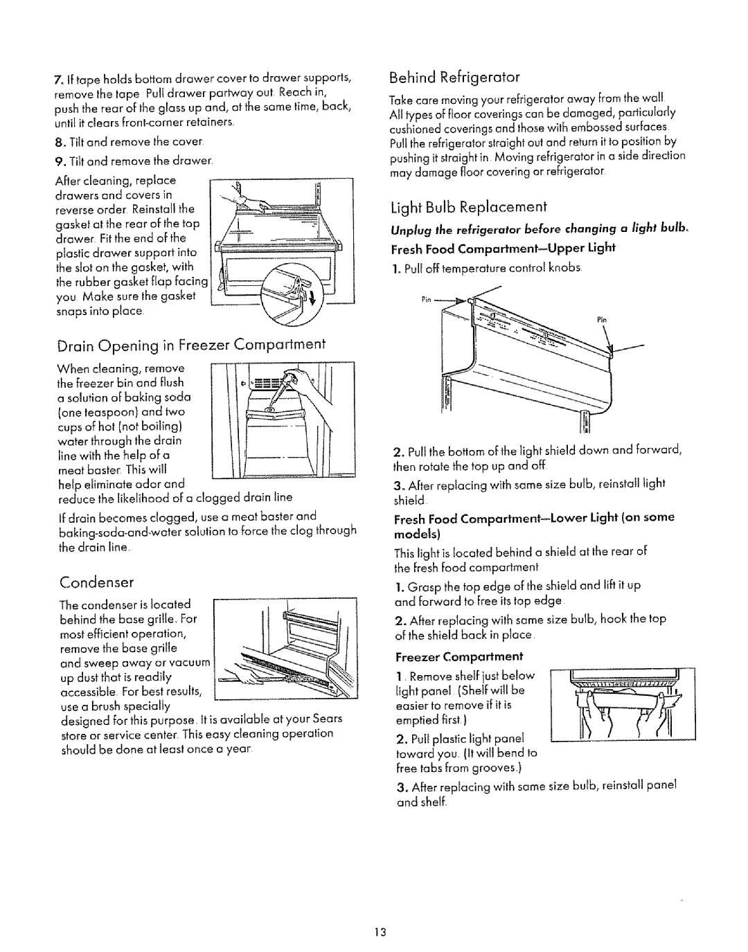 Sears 53071, 53078 manual Behind Refrigerator, Light Bulb Replacement, Drain Opening in Freezer Compartment, Condenser 