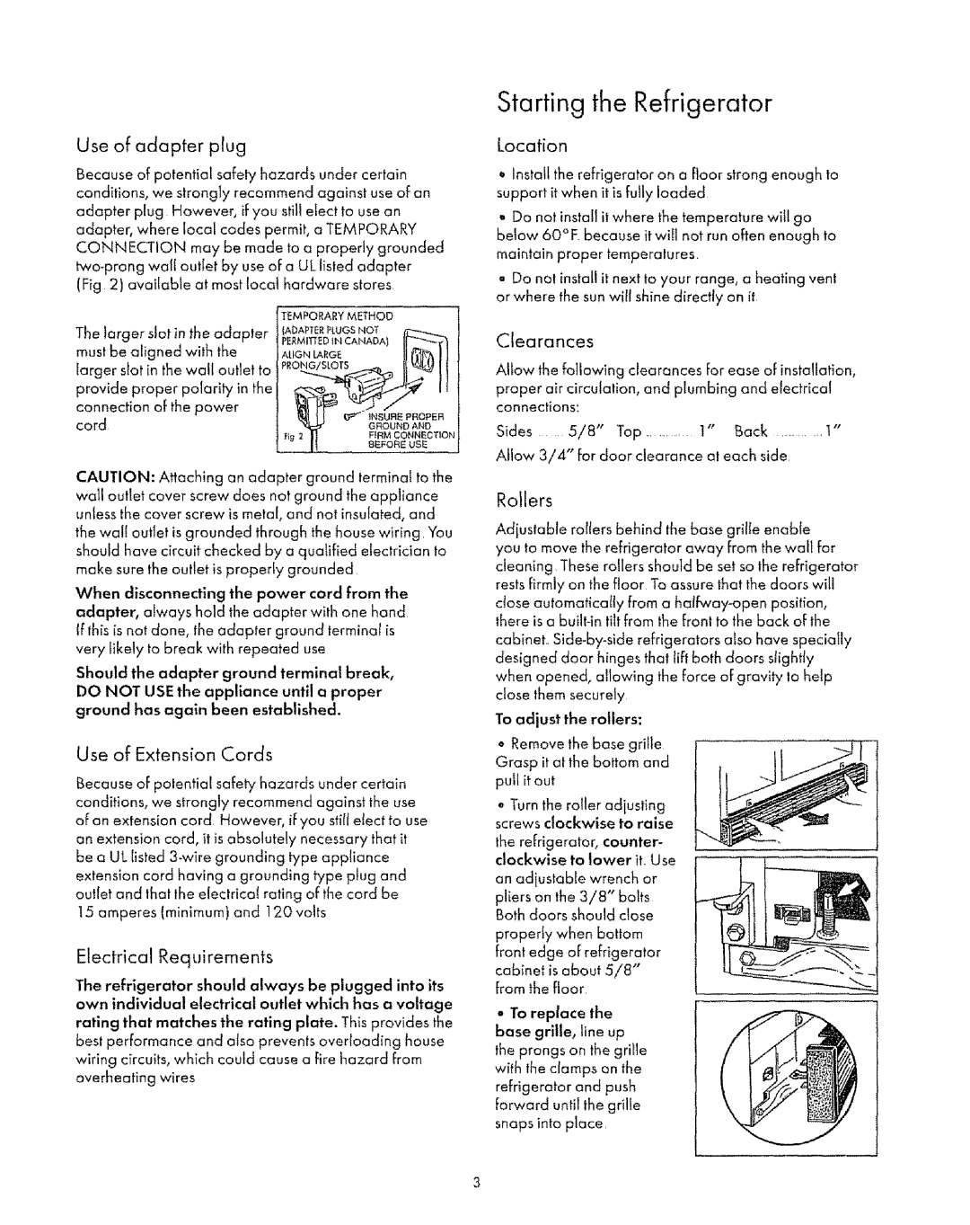 Sears 53071, 53078 manual Starting the Refrigerator, Use of adapter plug 