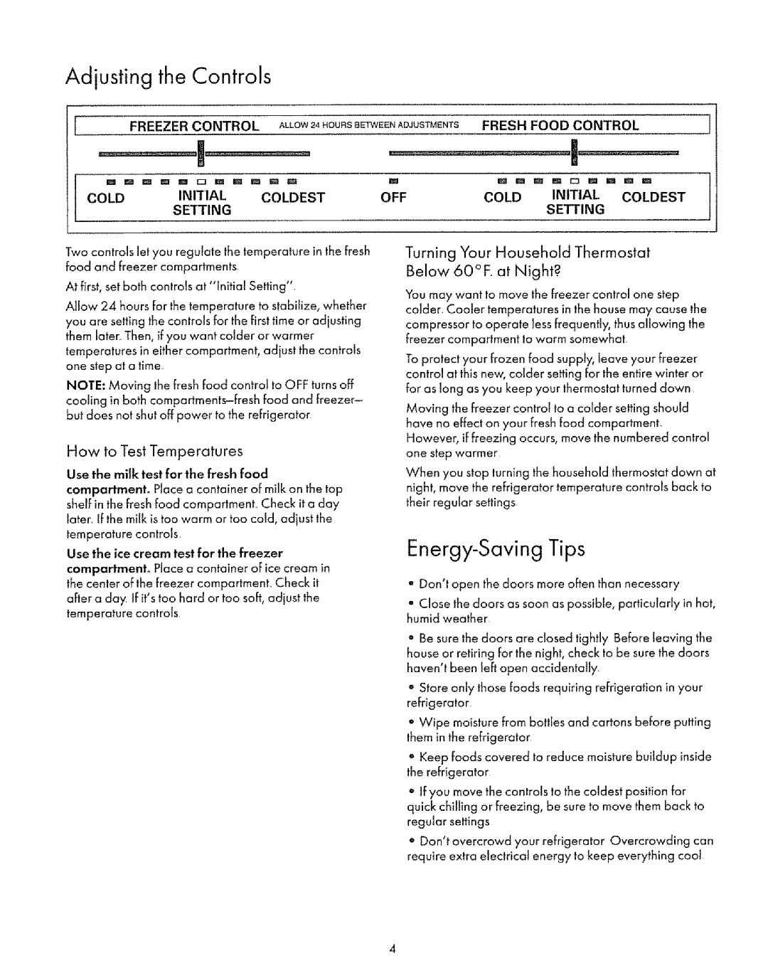 Sears 53078, 53071 Energy-Saving Tips, Turning Your Household Thermostat Below 60E at Night?, How to Test Temperatures 