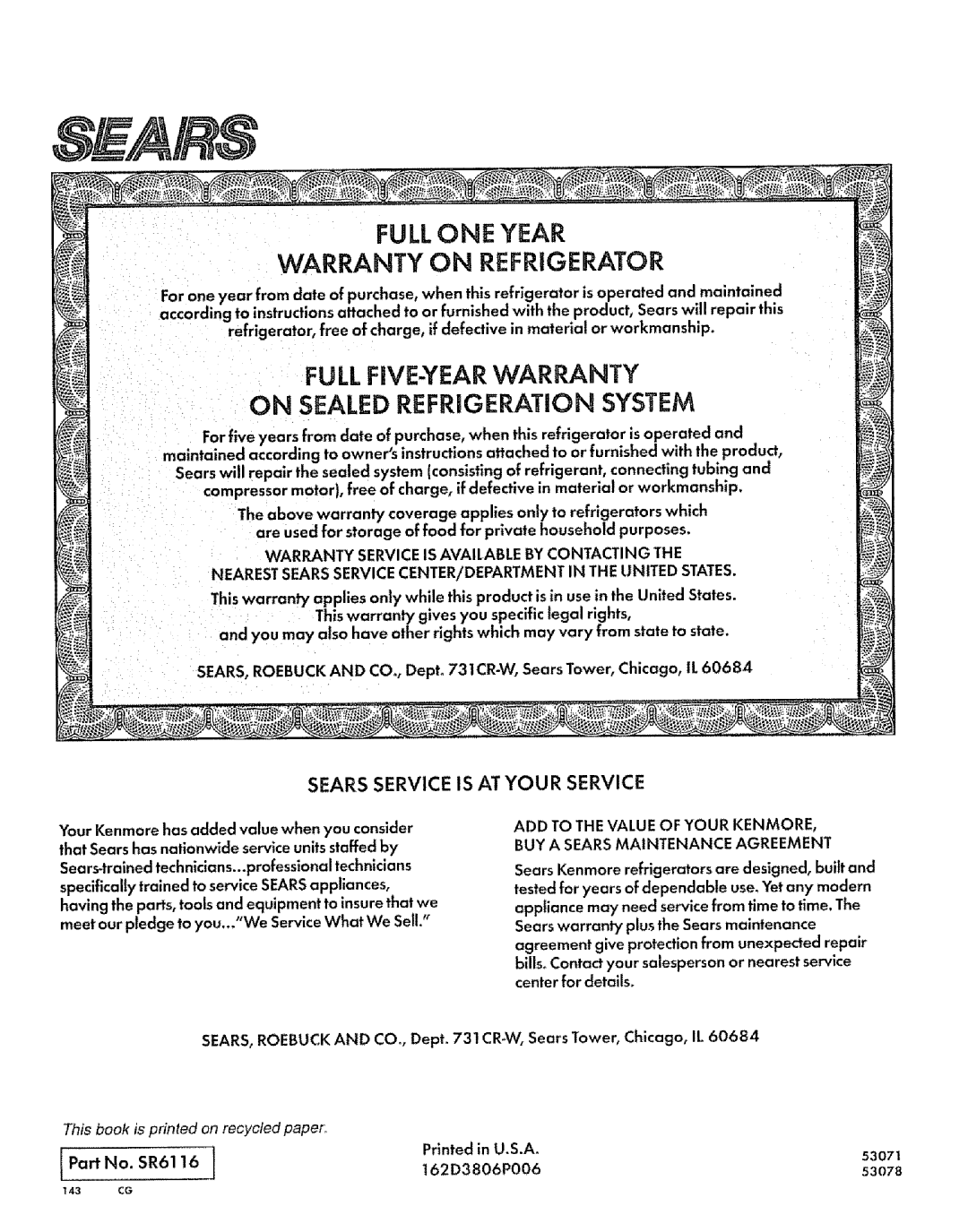 Sears 53078 manual Sears Service Is At Your Service, WARRANTY SERVICE IS AVAItABLE BY CONTACTING THE, SR6116, Full One Year 