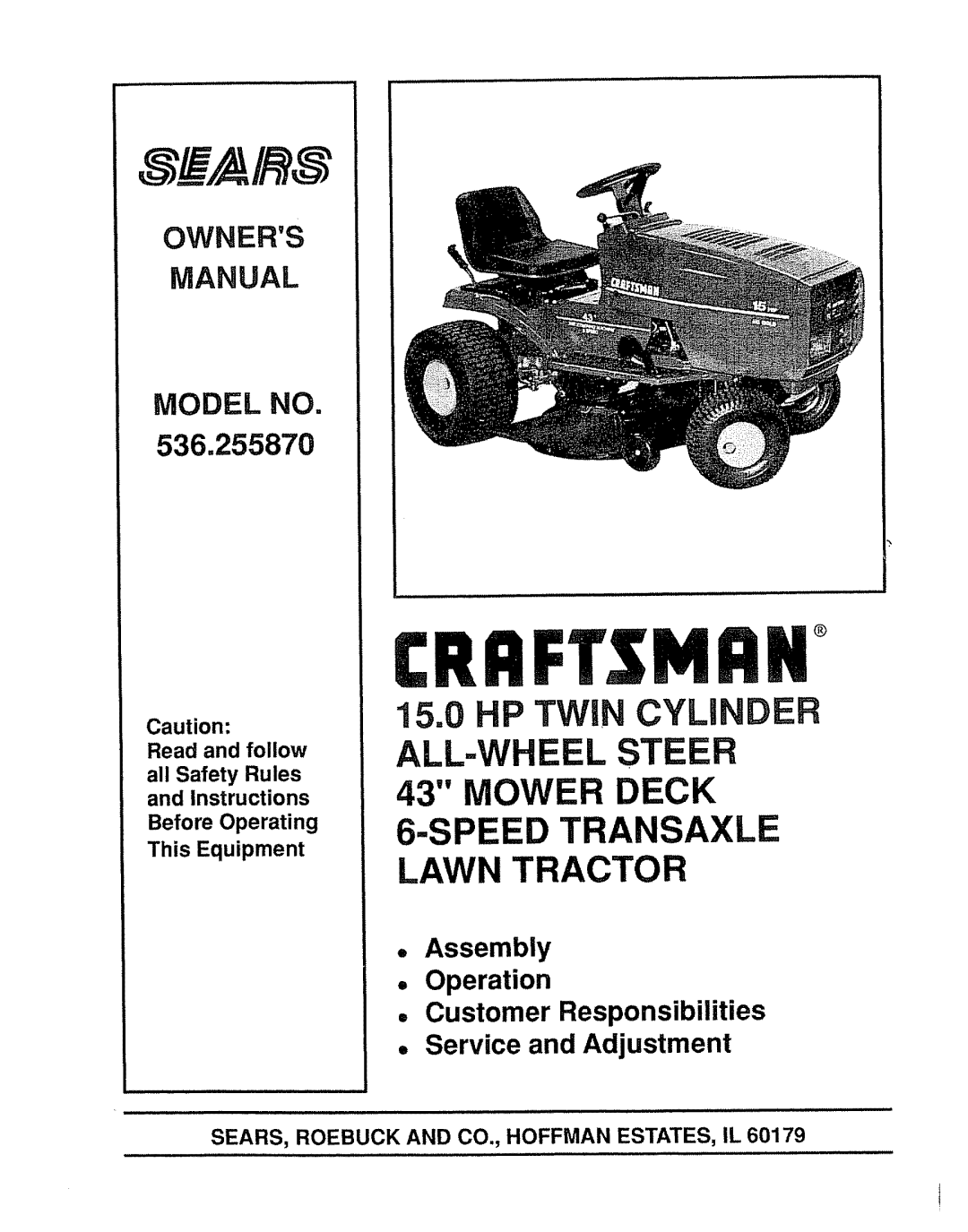 Sears 536.25587 owner manual Owners Manual, SEARS, Roebuck and CO., Hoffman ESTATES, IL 