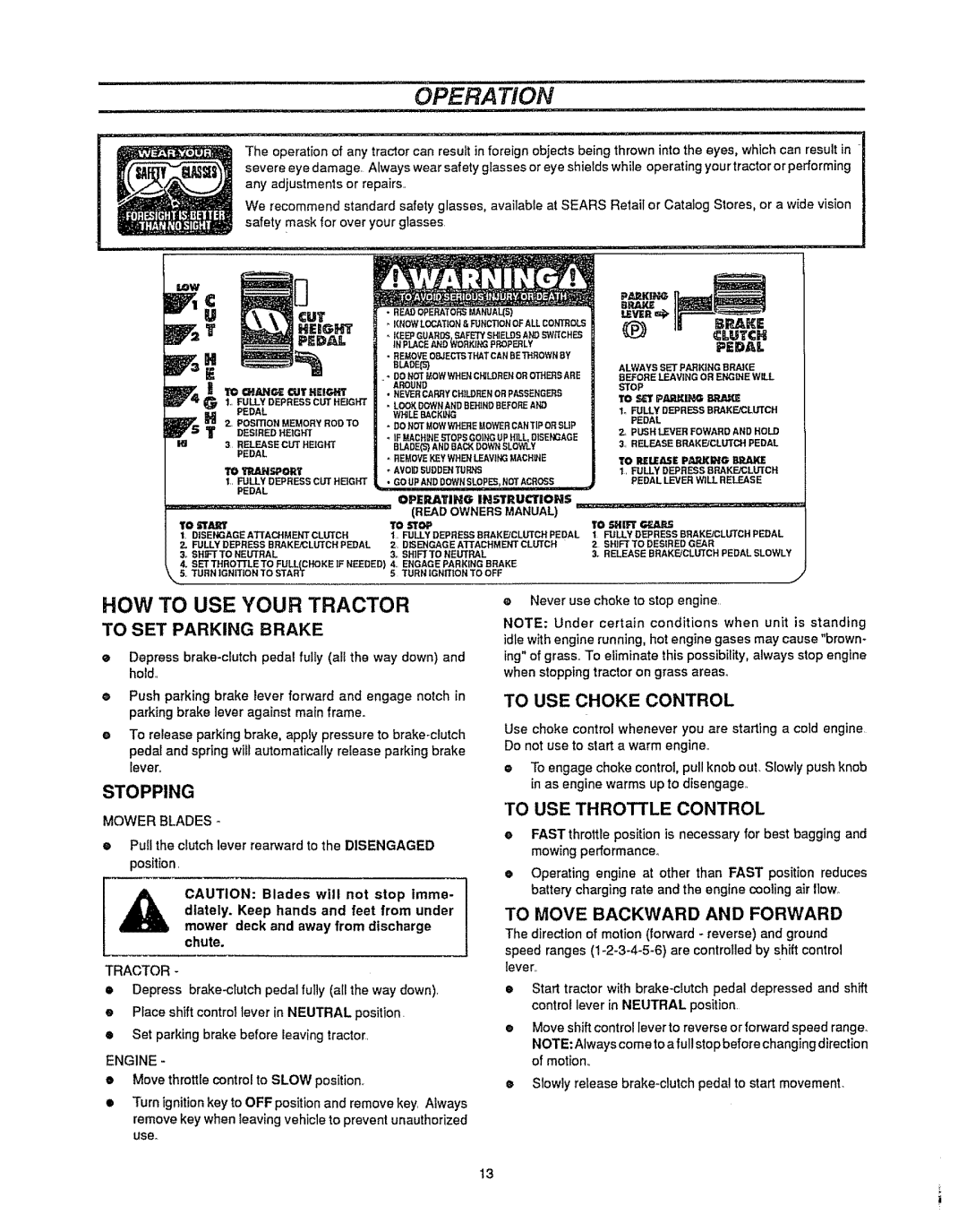 Sears 536.25587 owner manual Operation, HOW to USE Your Tractor, To SET Parking Brake, To USE Choke Control 