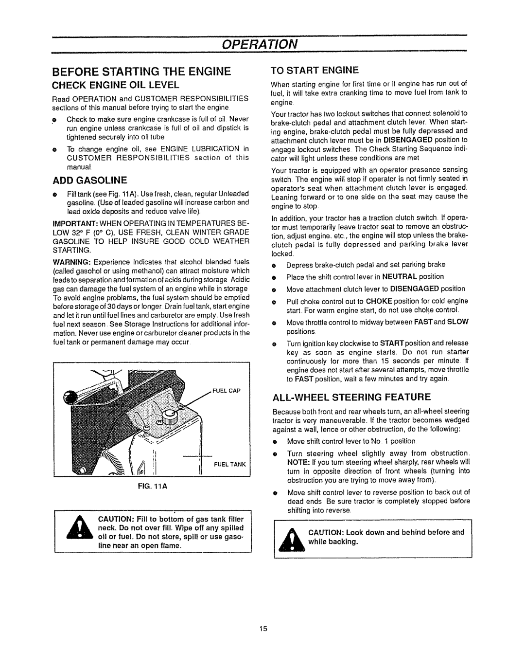 Sears 536.25587 owner manual Check Engine OIL Level, ADD Gasoline, To Start Engine, ALL-WHEEL Steering Feature 