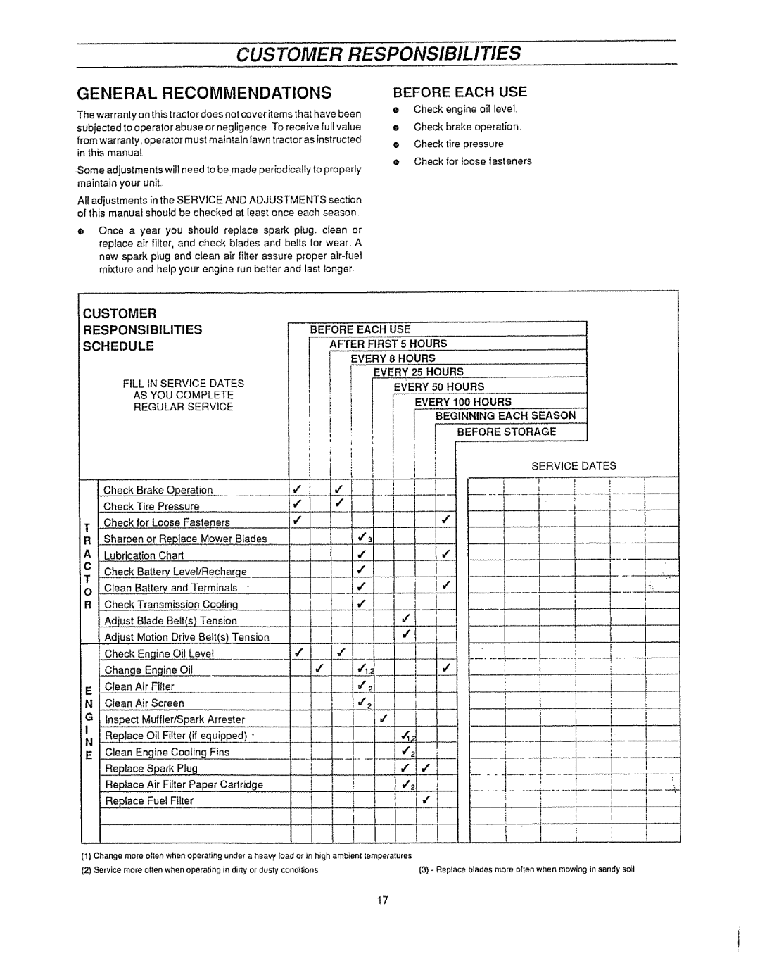 Sears 536.25587 Before Each USE, Customer Responsibilities Schedule, Fill in Service Dates AS YOU Complete Regular Service 