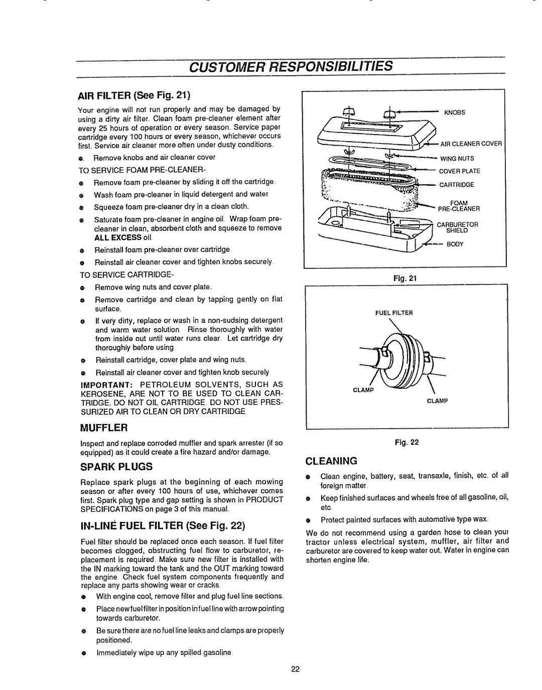 Sears 536.25587 owner manual Muffler, AIR Filter See Fig, Spark Plugs, Cleaning 